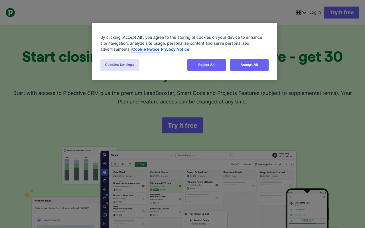 Pipedrive sponsor landing page advertised on The Diary Of A CEO with Steven Bartlett