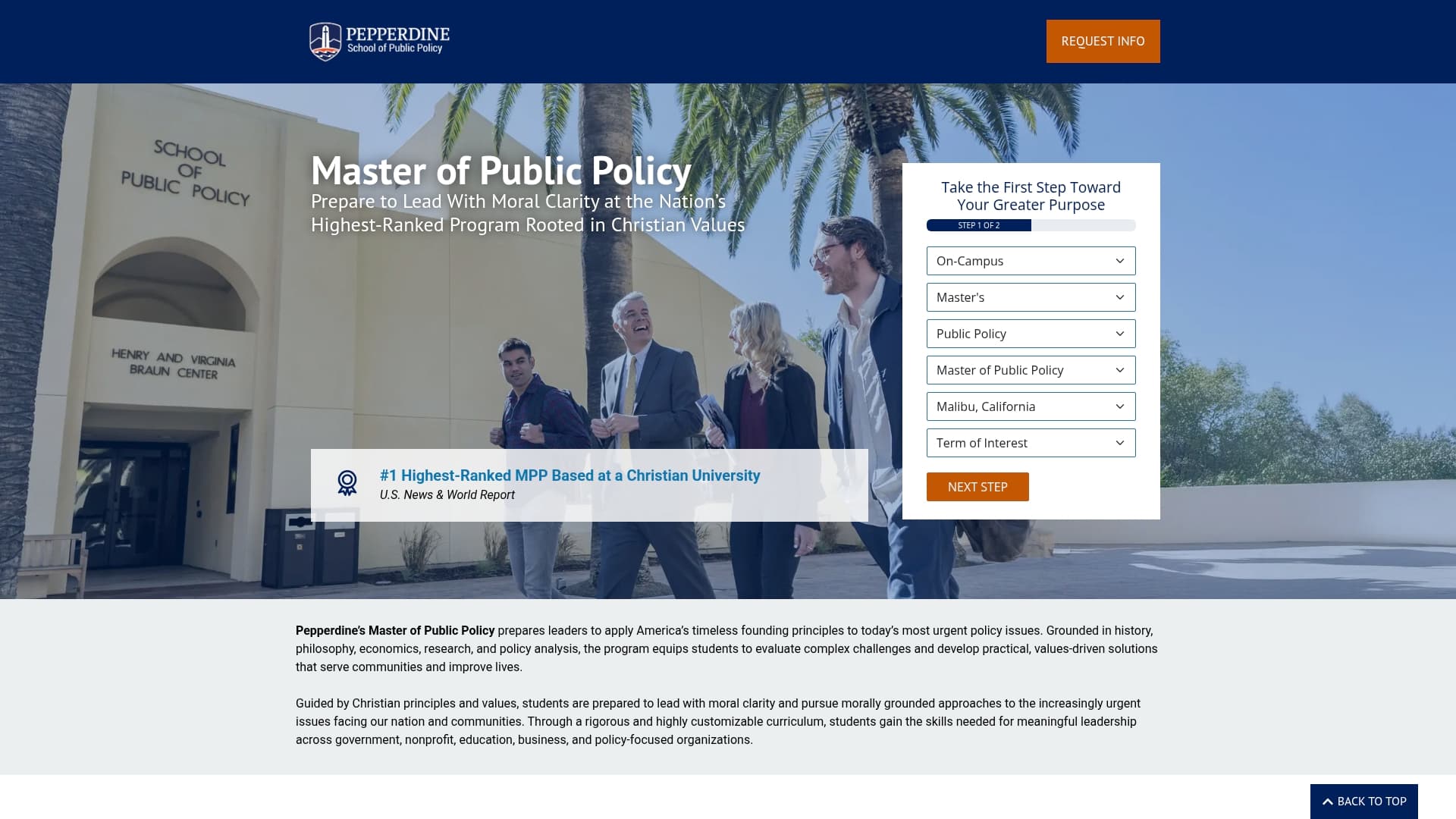 Pepperdine School of Public Policy sponsor landing page advertised on The Michael Knowles Show