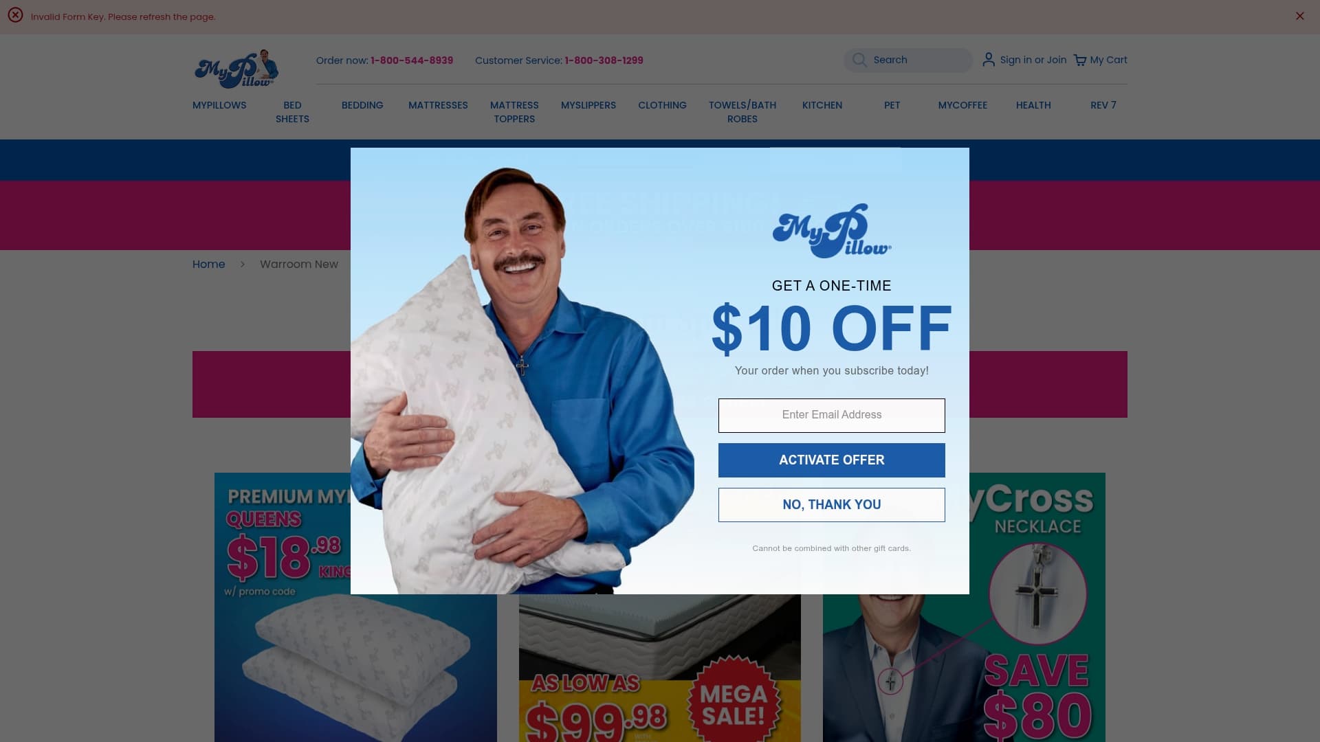 MyPillow sponsor landing page advertised on Bannon`s War Room