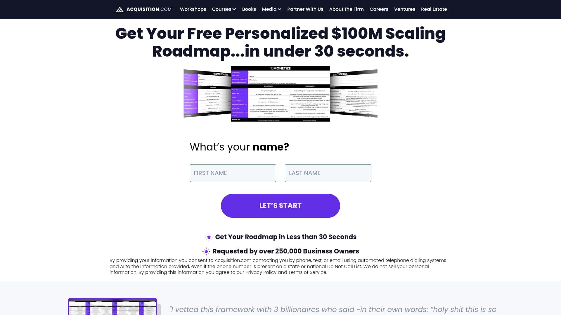 Acquisition.com sponsor landing page advertised on The Game w/ Alex Hormozi
