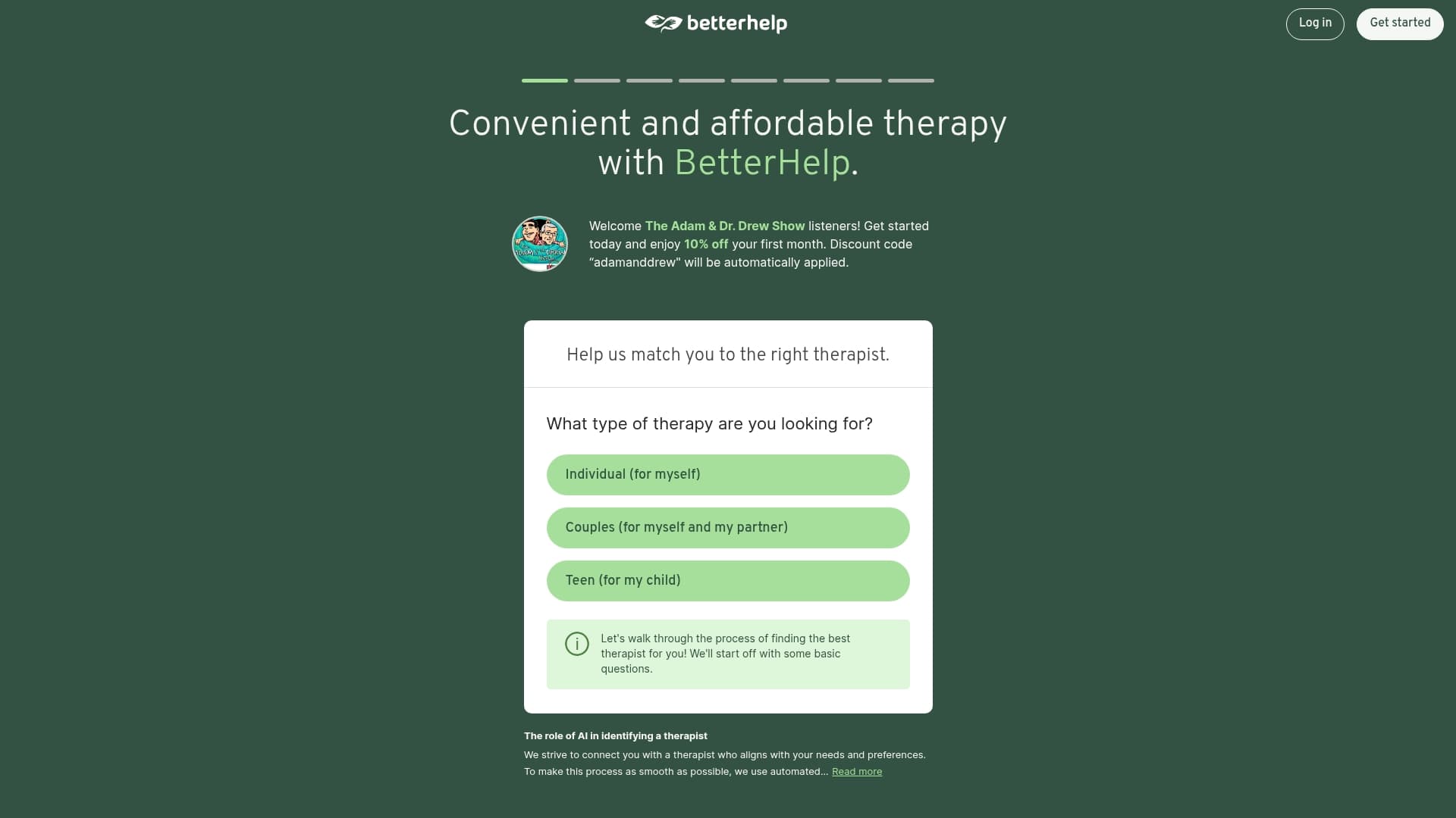 BetterHelp sponsor landing page advertised on The Adam and Dr. Drew Show