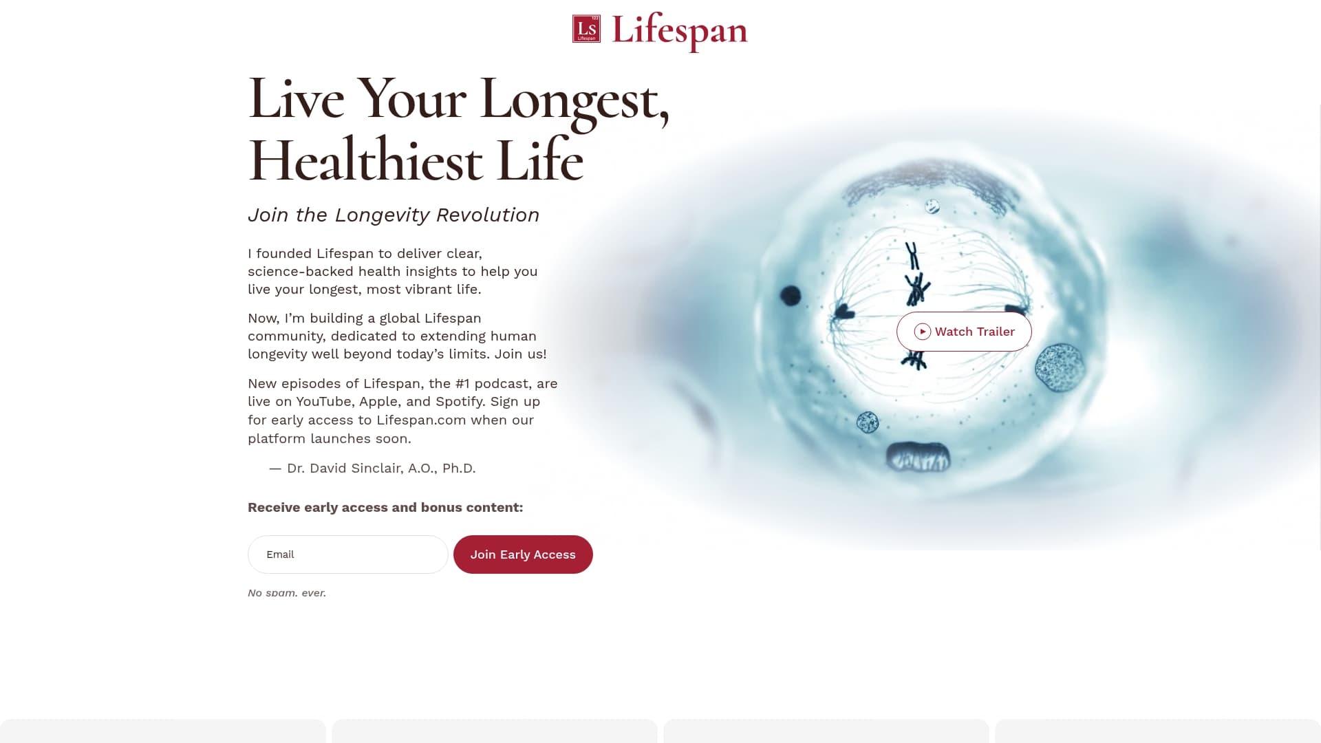 lifespan sponsor landing page advertised on Lifespan with Dr. David Sinclair