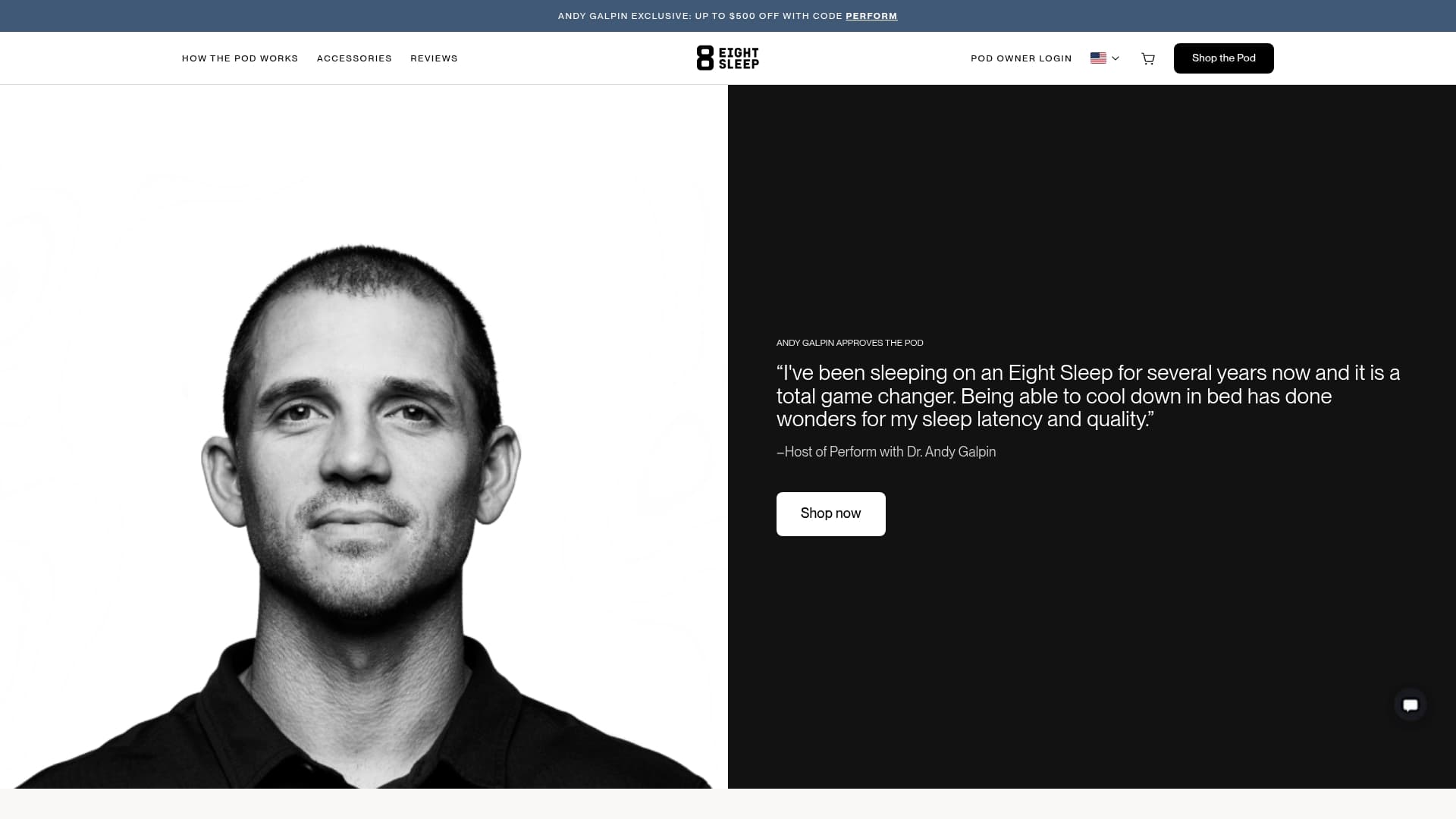 Eight Sleep sponsor landing page advertised on Perform with Dr. Andy Galpin