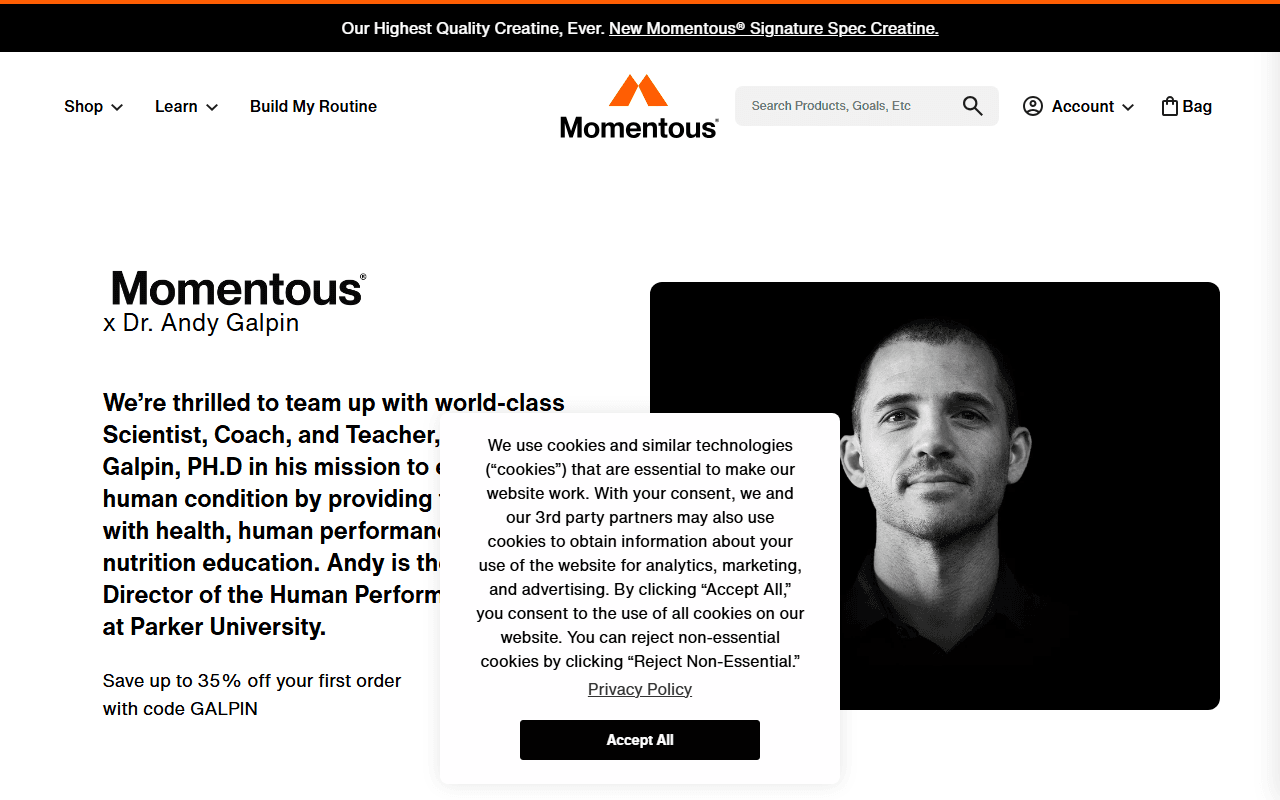 Momentus sponsor landing page advertised on Perform with Dr. Andy Galpin