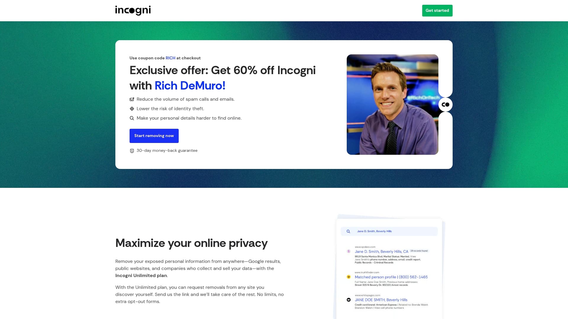 Incogni sponsor landing page advertised on Rich On Tech