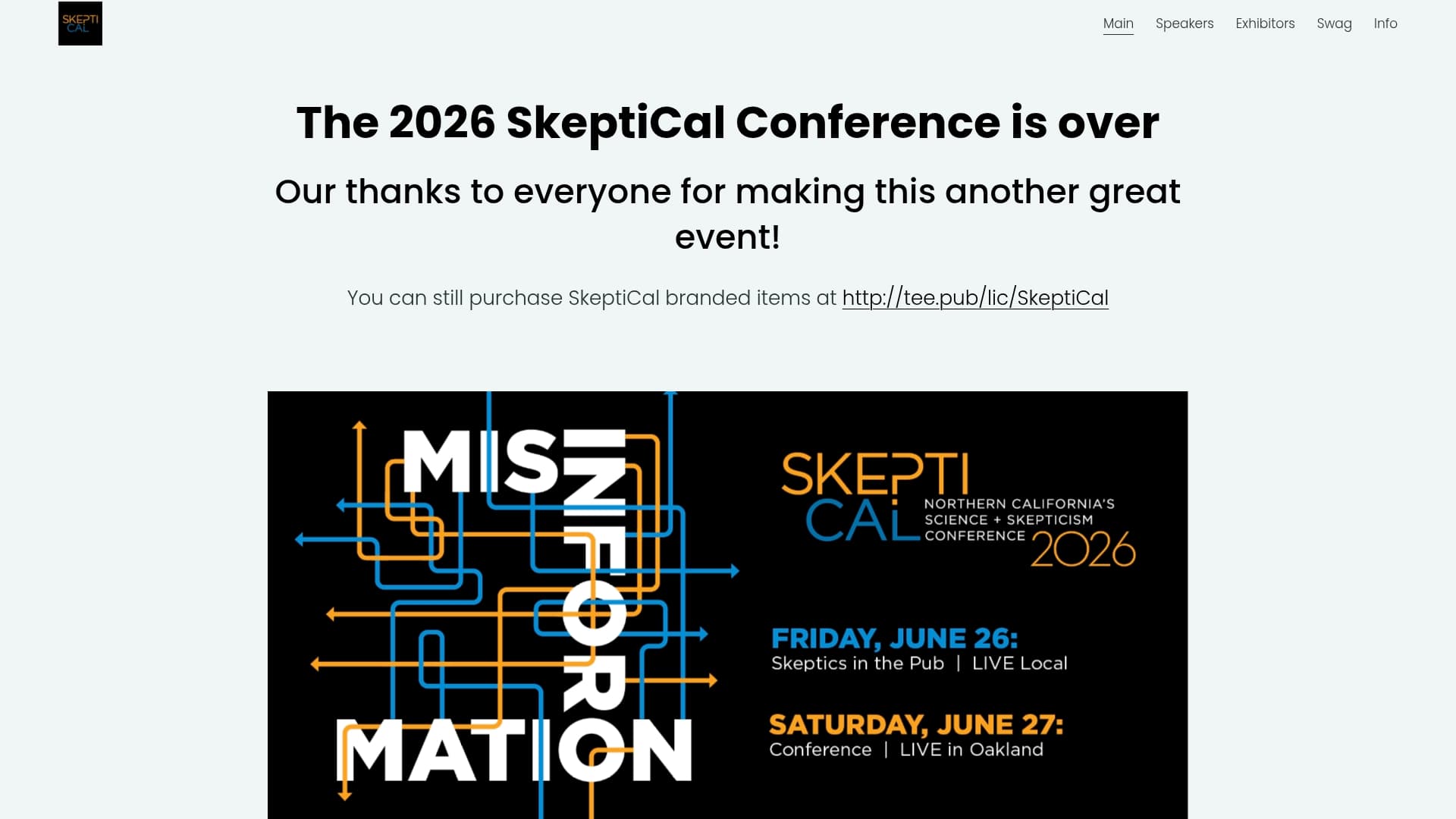 Skeptical 2026 sponsor landing page advertised on The Skeptics' Guide to the Universe
