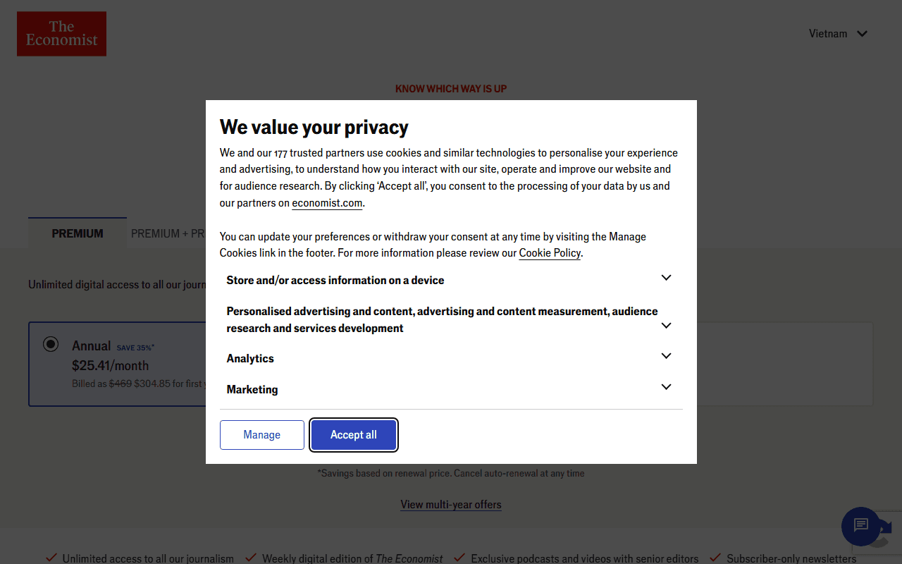 The Economist sponsor landing page advertised on Theories of Everything with Curt Jaimungal