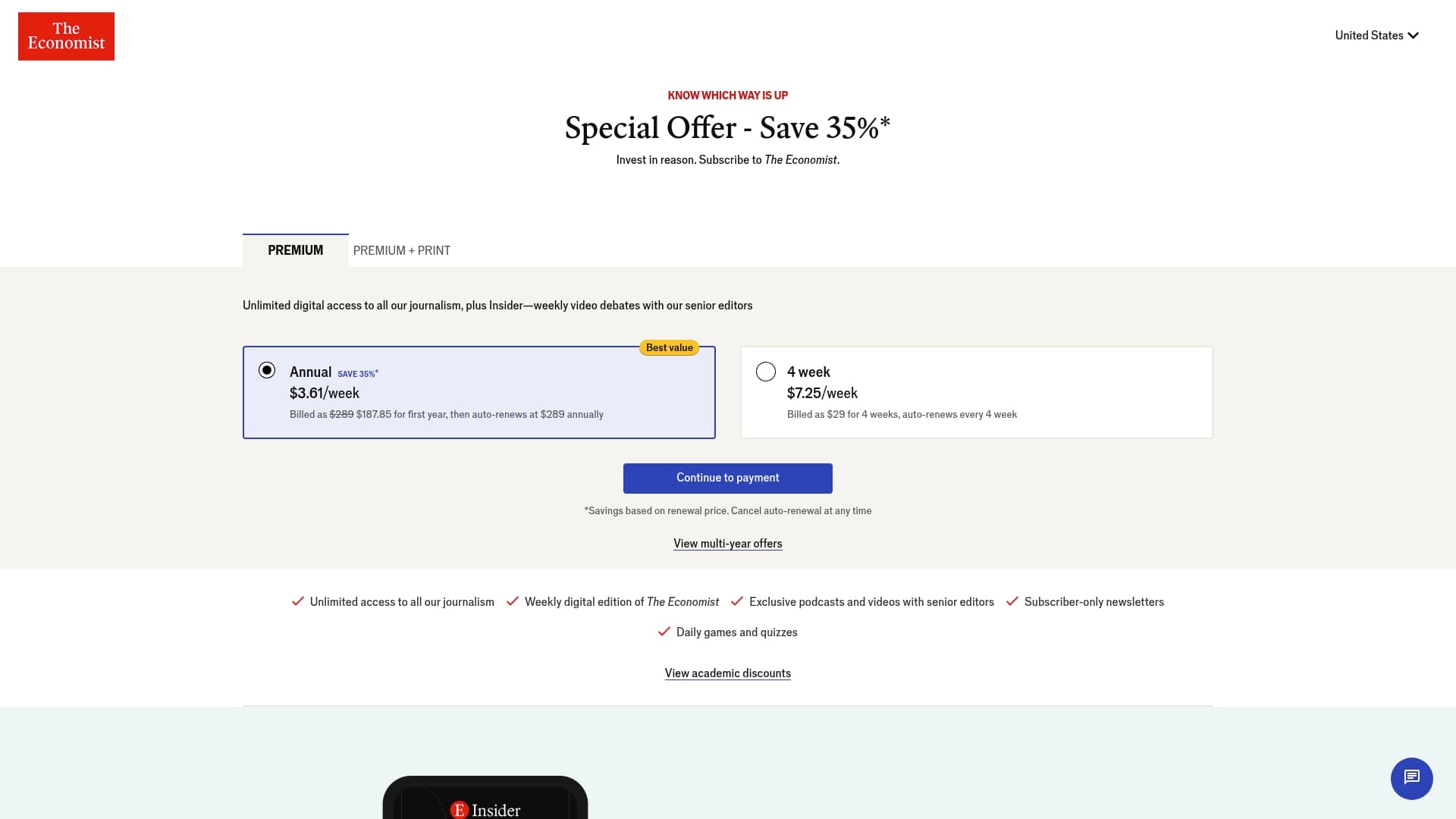 The Economist sponsor landing page advertised on Theories of Everything with Curt Jaimungal