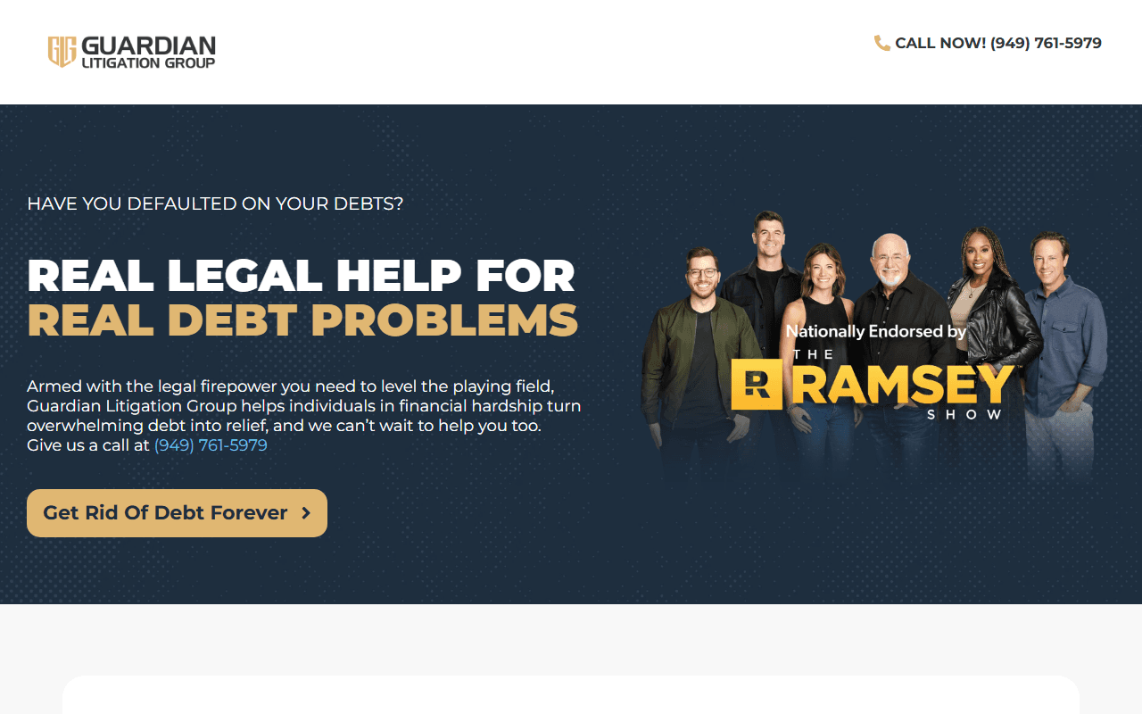 Guardian Litigation Group sponsor landing page advertised on The Ramsey Show