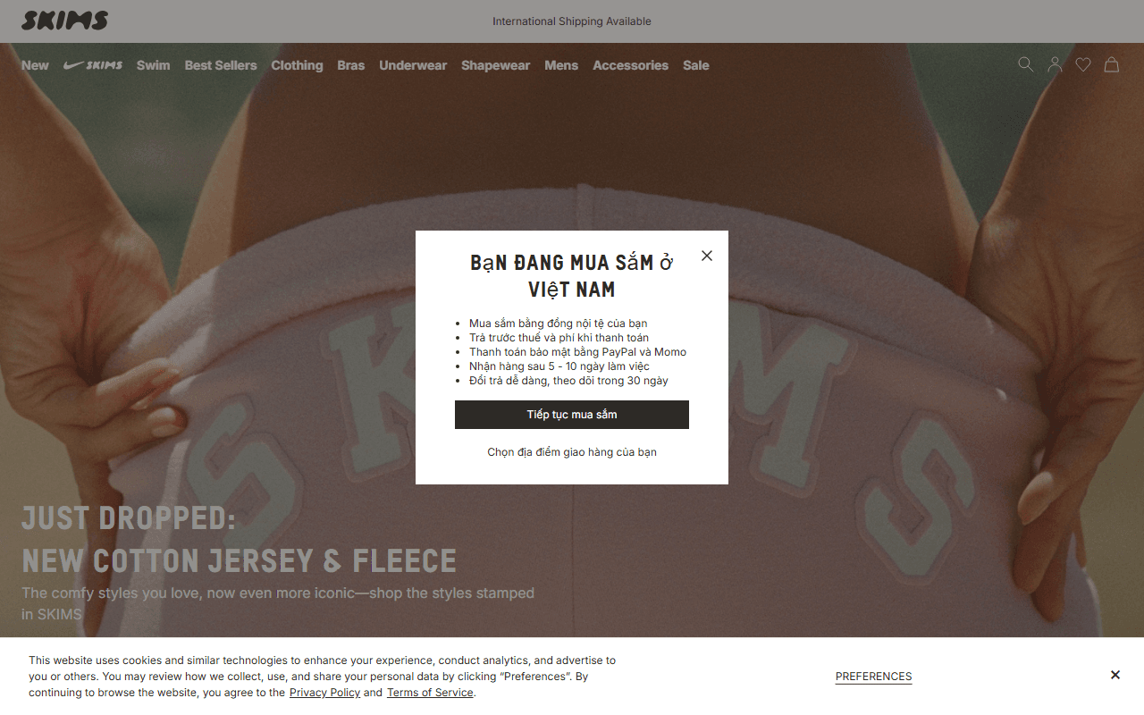 Skims sponsor landing page advertised on True Crime with Kendall Rae