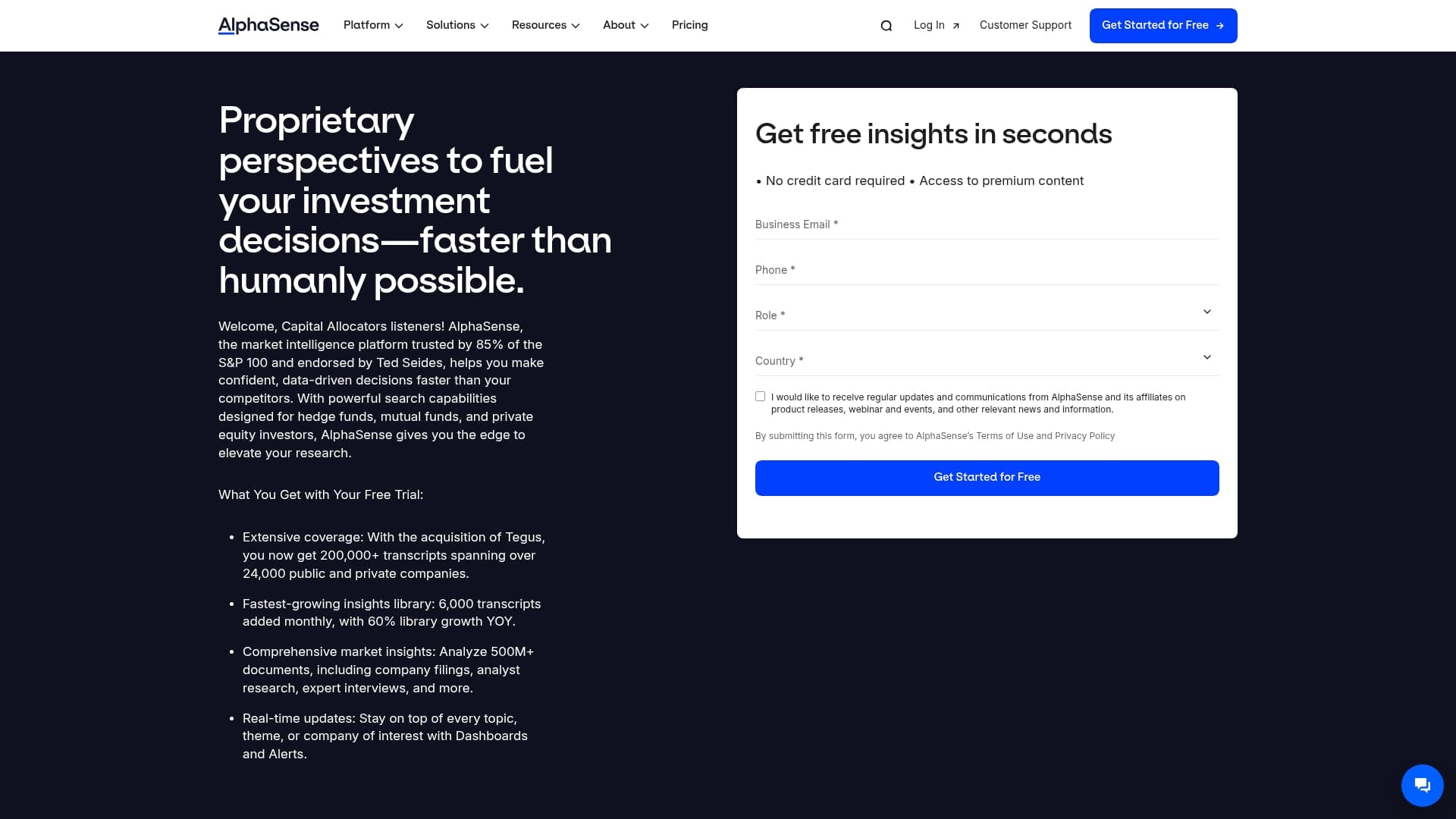 AlphaSense sponsor landing page advertised on Capital Allocators – Inside the Institutional Investment Industry