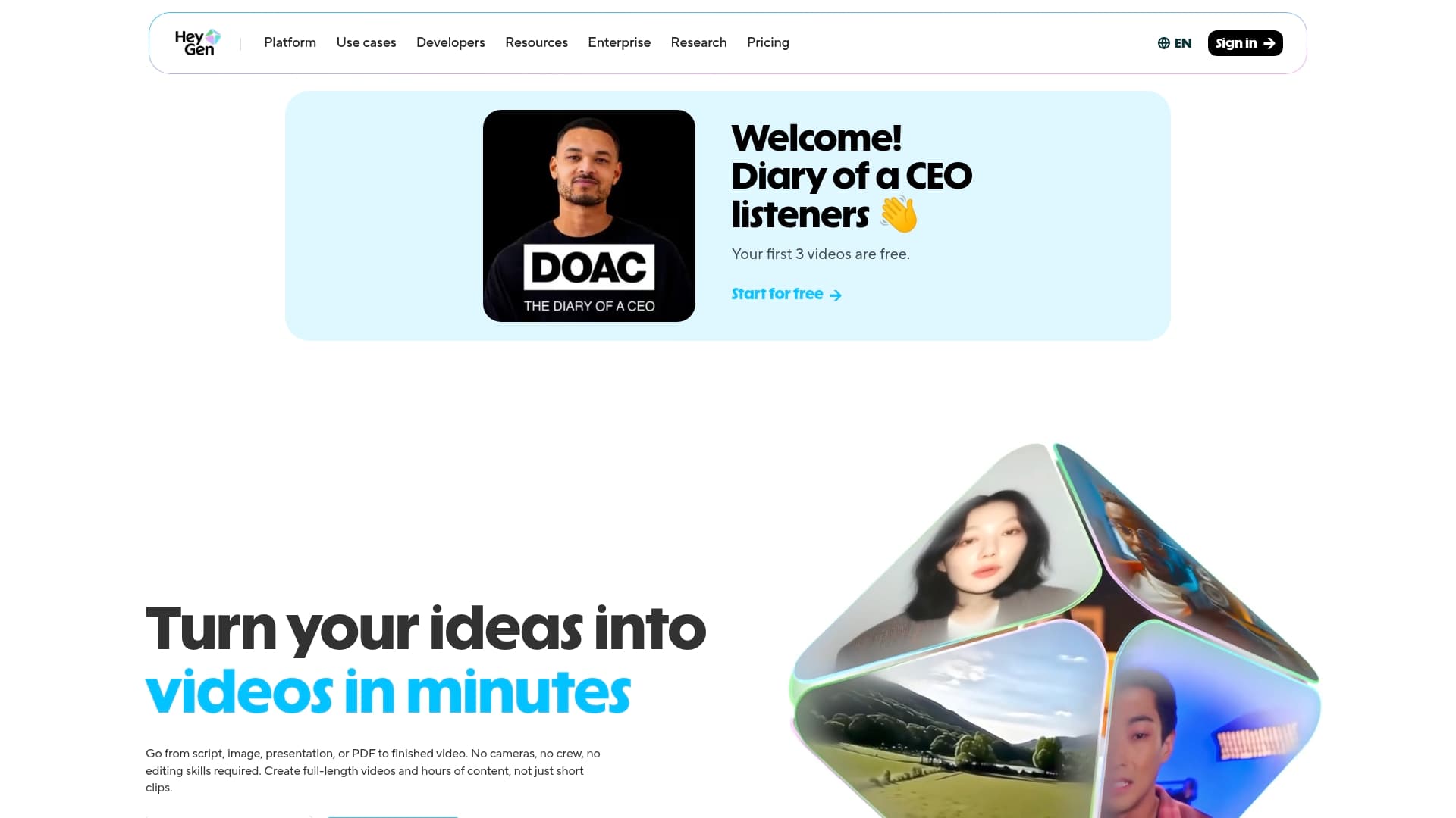 HeyGen sponsor landing page advertised on The Diary Of A CEO with Steven Bartlett