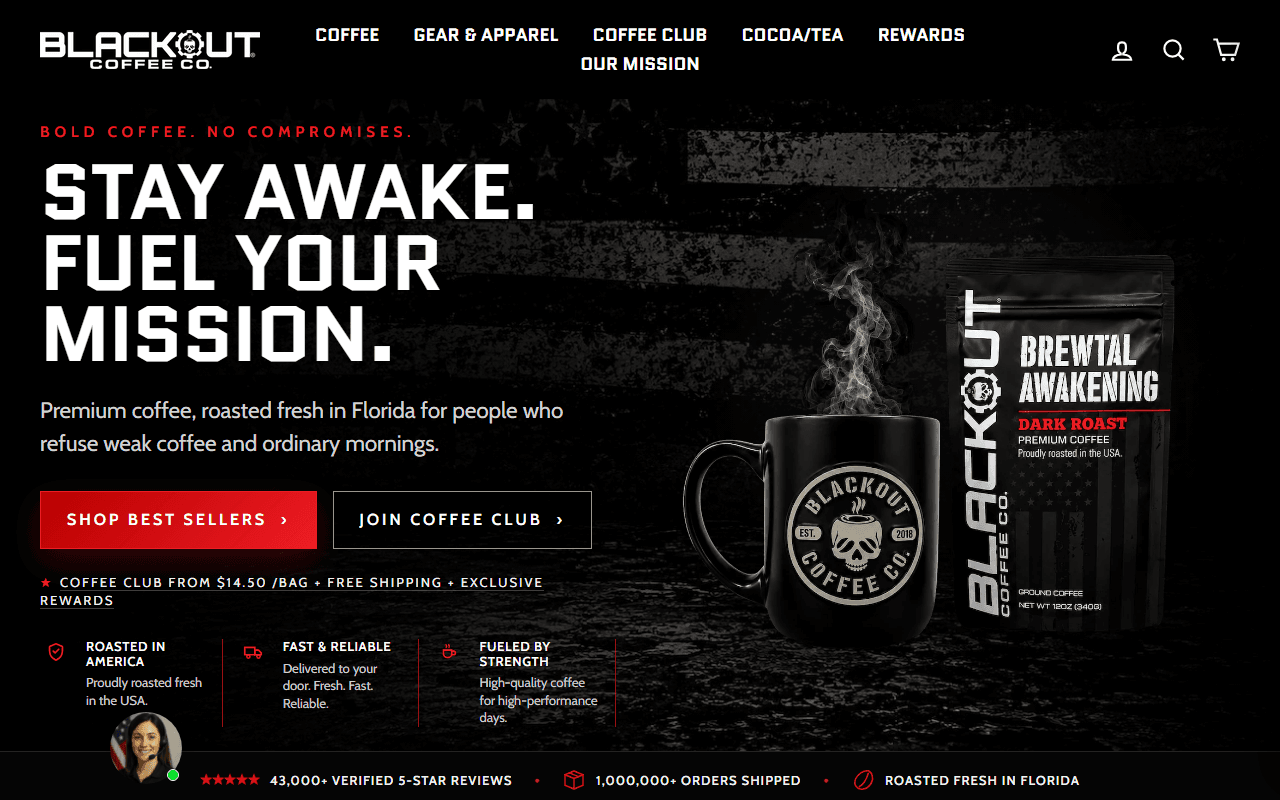 Blackout Coffee sponsor landing page advertised on Bongino Report Early Edition with Evita