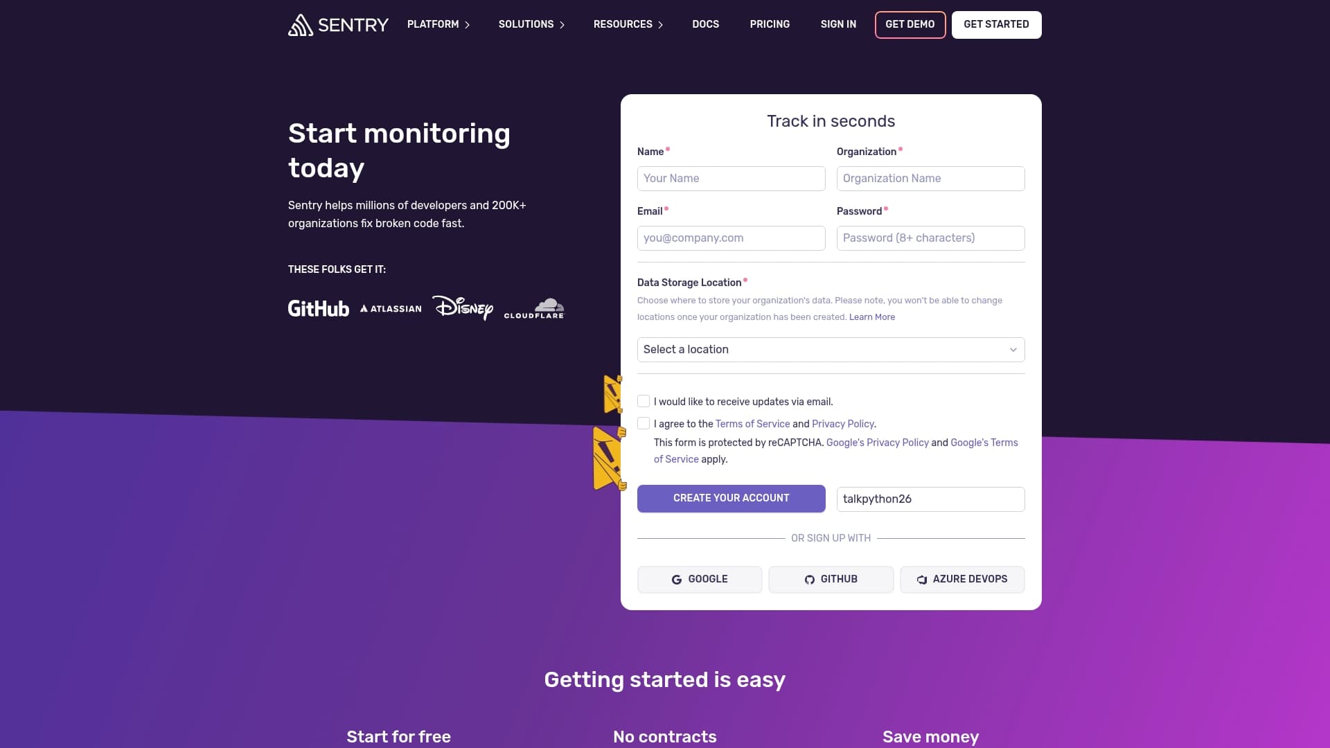 Sentry sponsor landing page advertised on Talk Python To Me