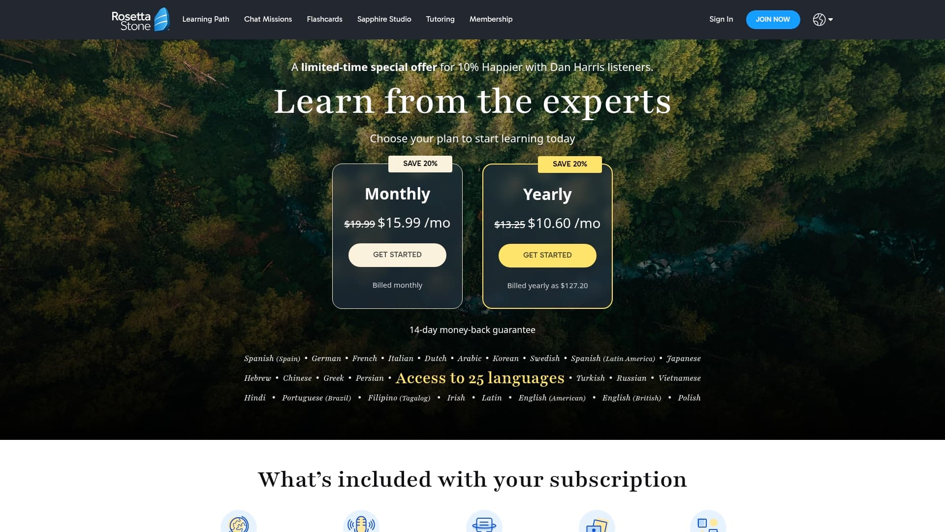Rosetta Stone sponsor landing page advertised on Ten Percent Happier with Dan Harris