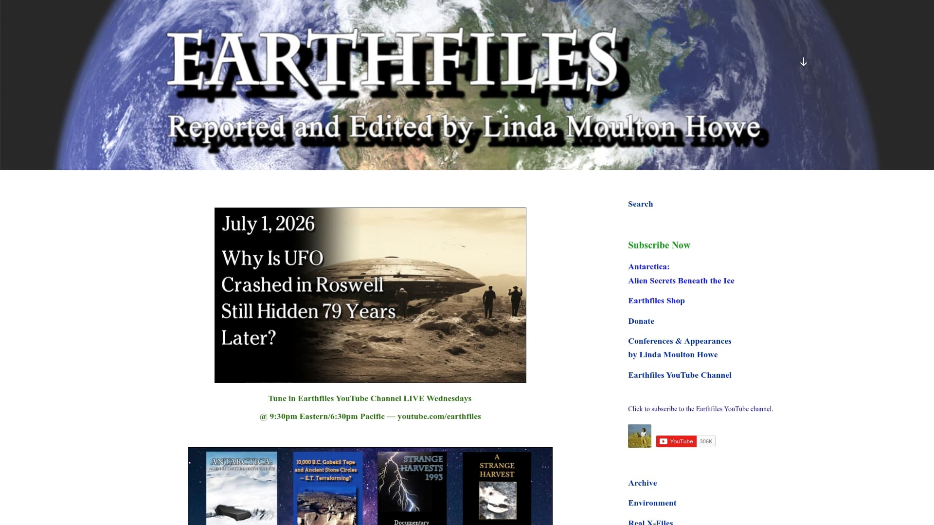EarthFiles.com sponsor landing page advertised on Earthfiles Podcast with Linda Moulton Howe