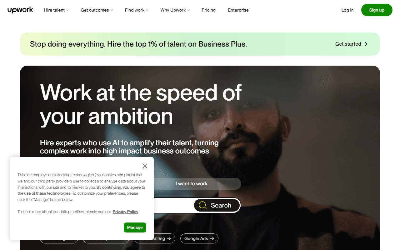 Upwork sponsor landing page advertised on The Art of Charm