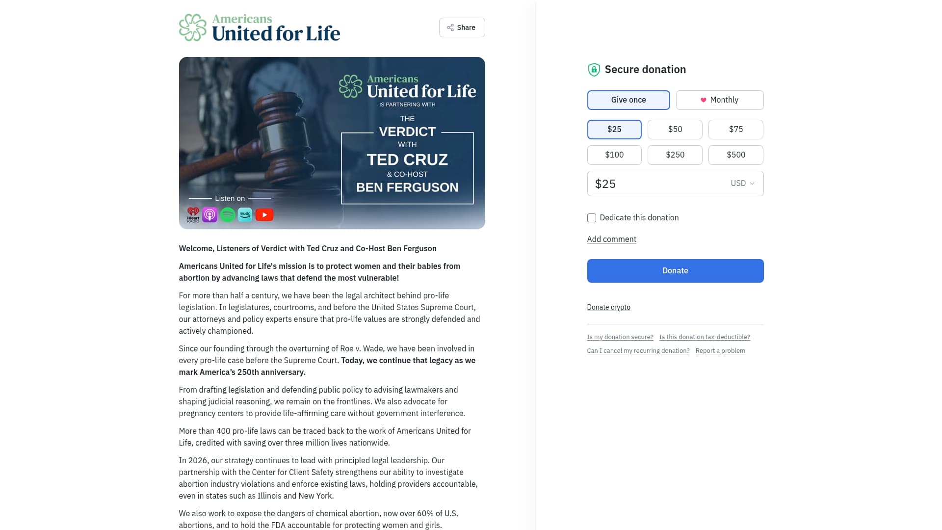 Americans United for Life sponsor landing page advertised on Verdict with Ted Cruz