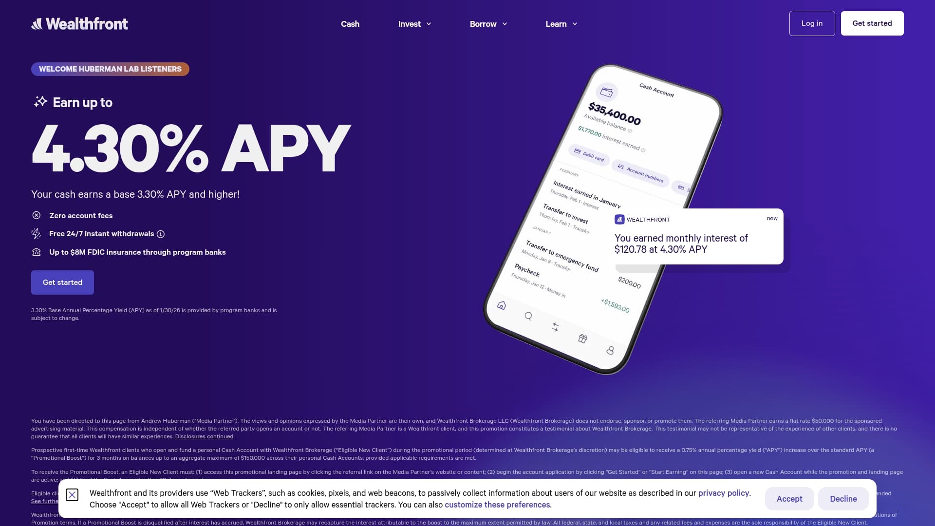 Wealthfront sponsor landing page advertised on Huberman Lab