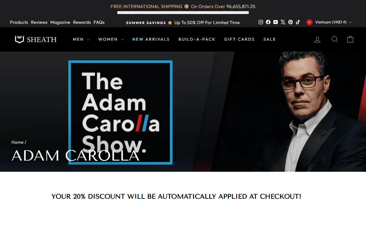 Sheath sponsor landing page advertised on Adam Carolla Show