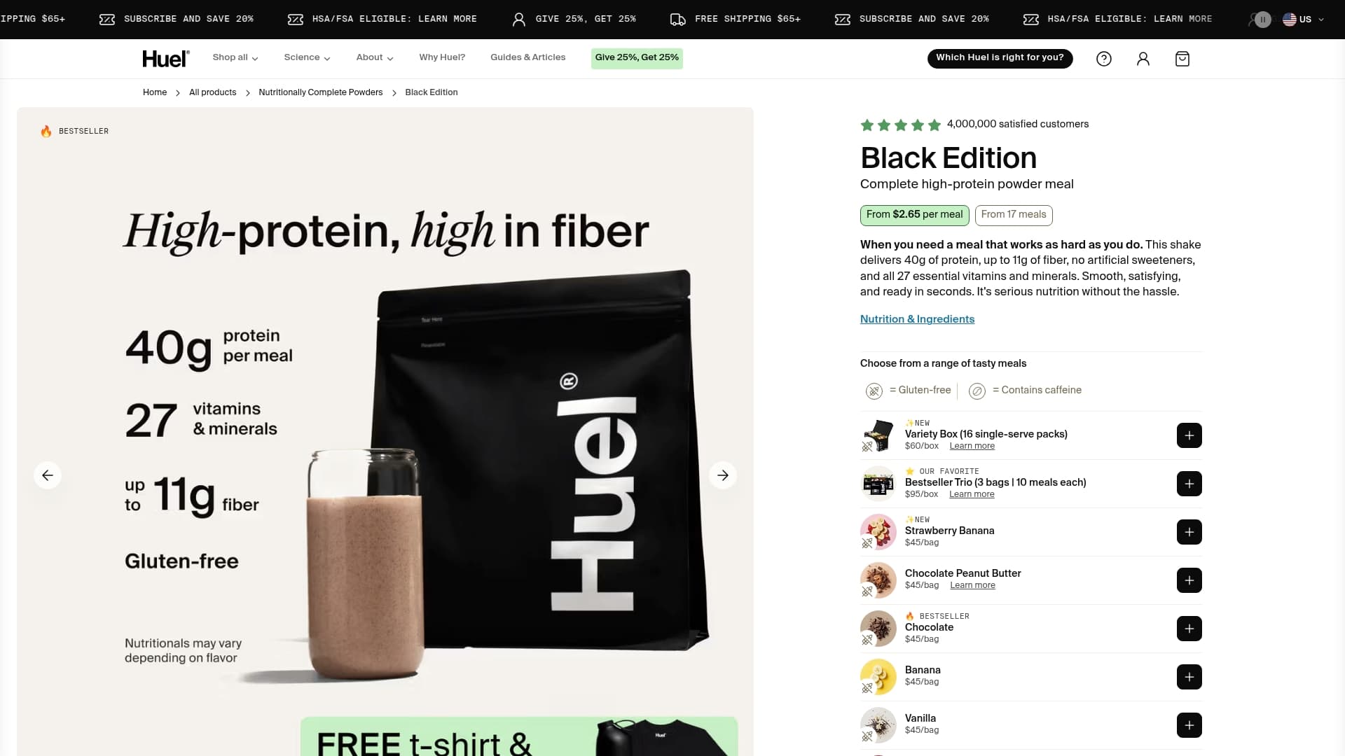 Huel sponsor landing page advertised on Founder's Story