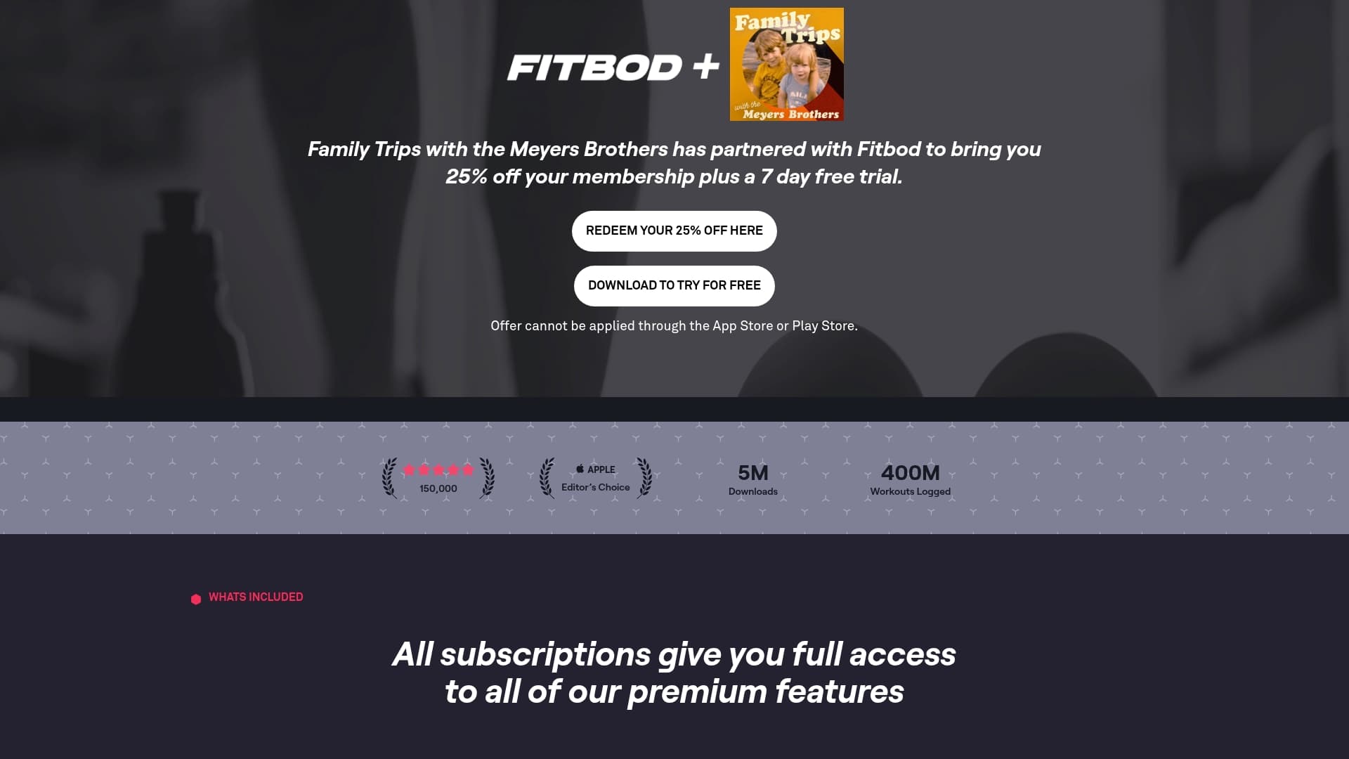FitBod sponsor landing page advertised on Family Trips with the Meyers Brothers