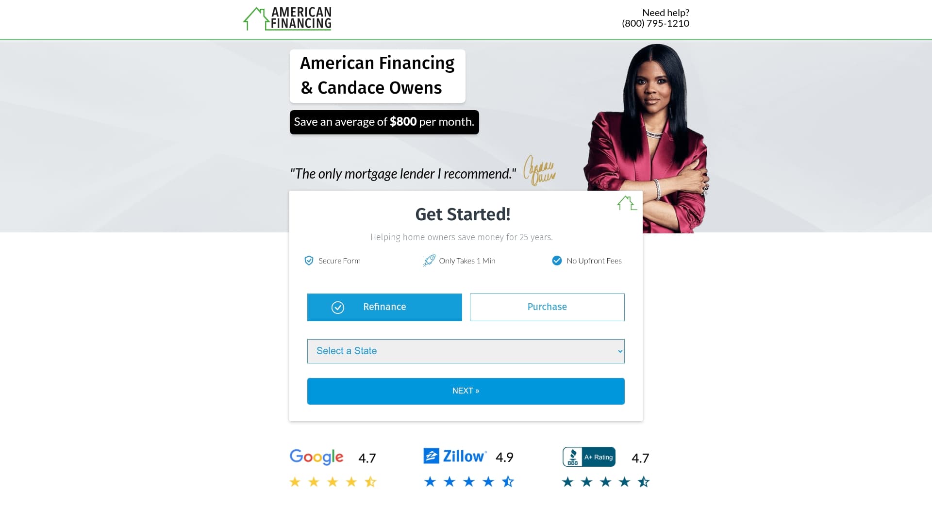 American Financing sponsor landing page advertised on Candace
