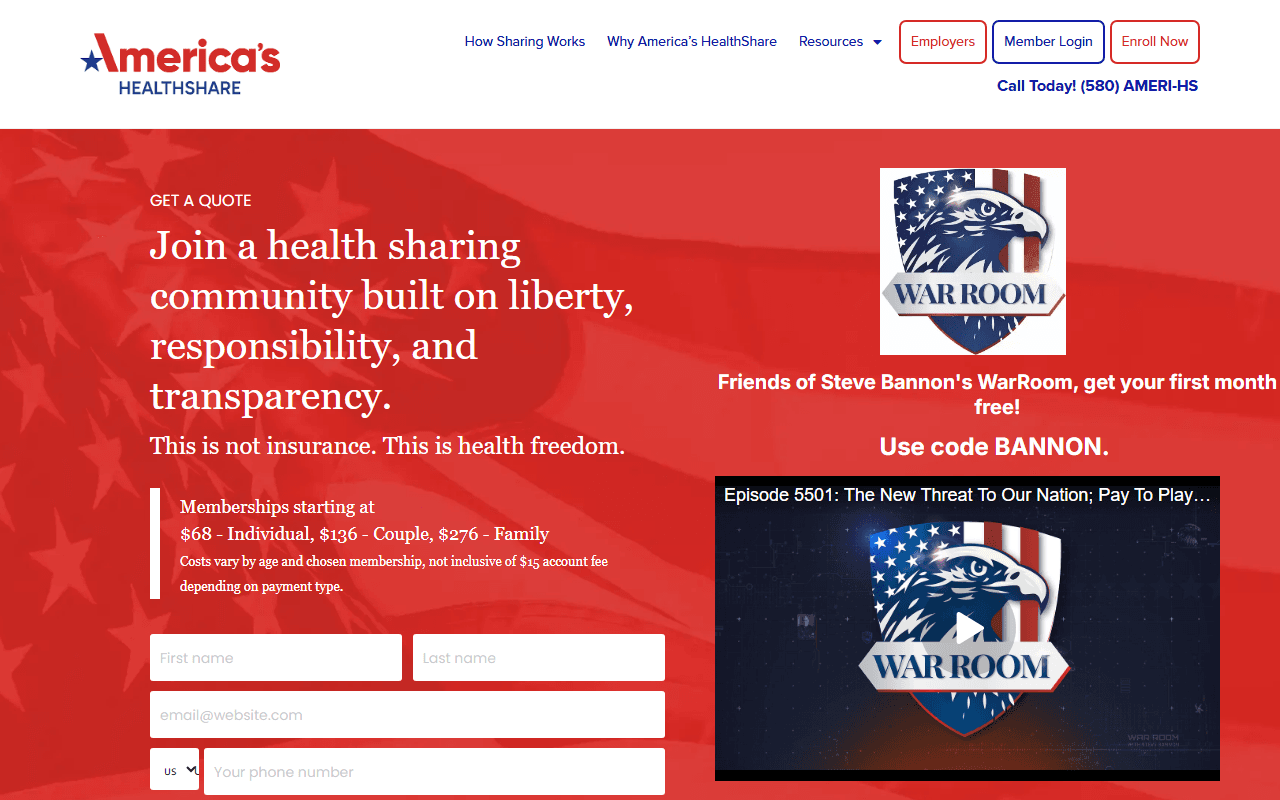 America's HealthShare sponsor landing page advertised on Bannon`s War Room