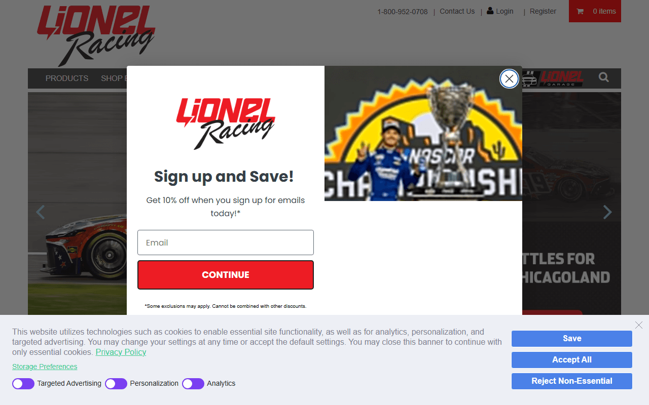 Lionel Racing sponsor landing page advertised on The Dale Jr. Download