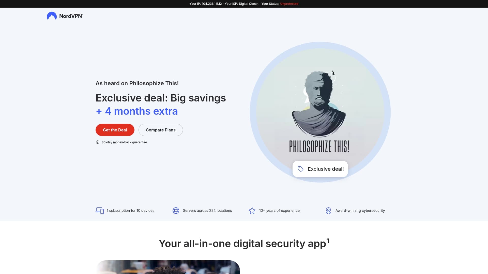 NordVPN sponsor landing page advertised on Philosophize This!