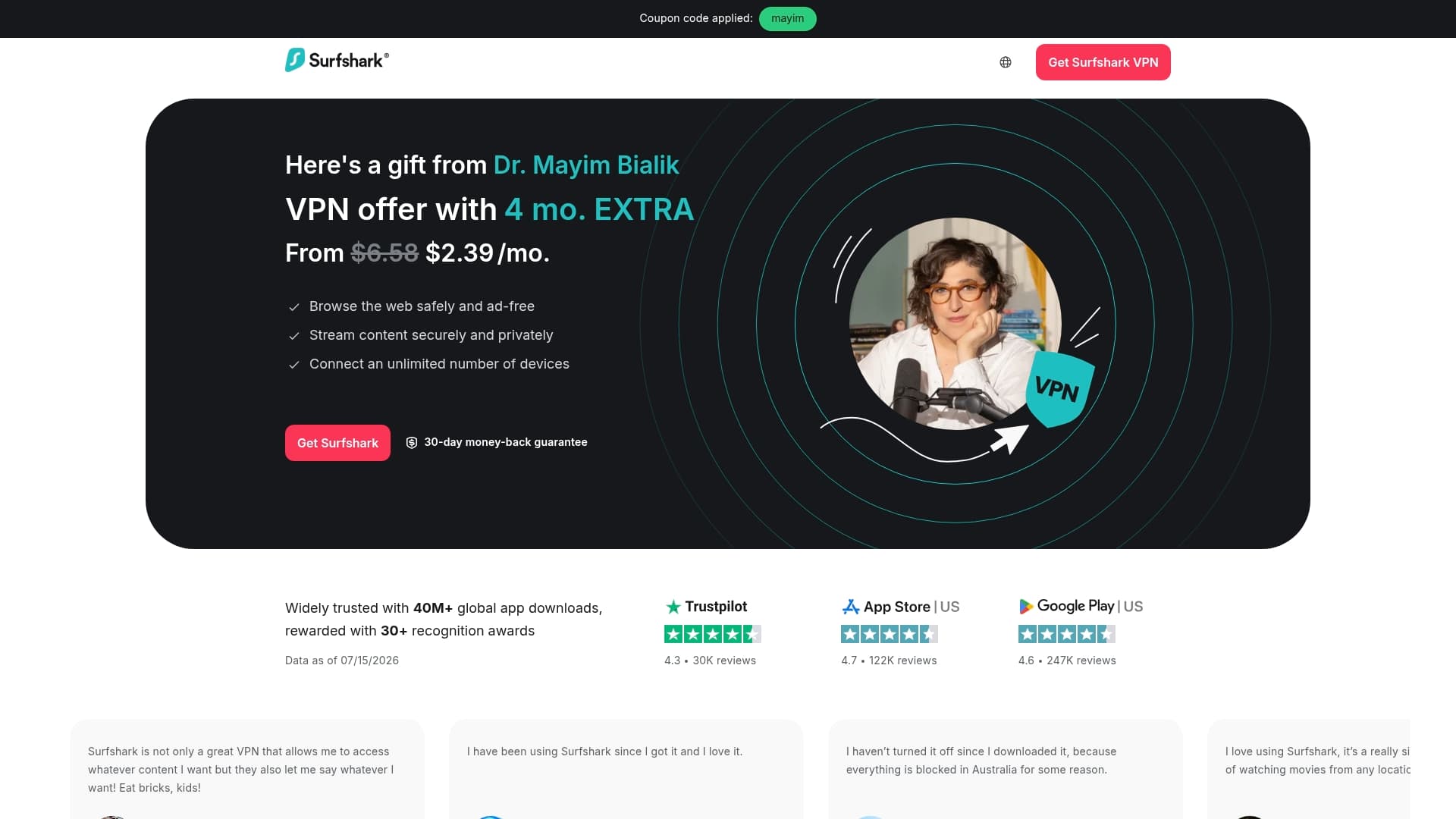 Surfshark sponsor landing page advertised on Mayim Bialik's Breakdown