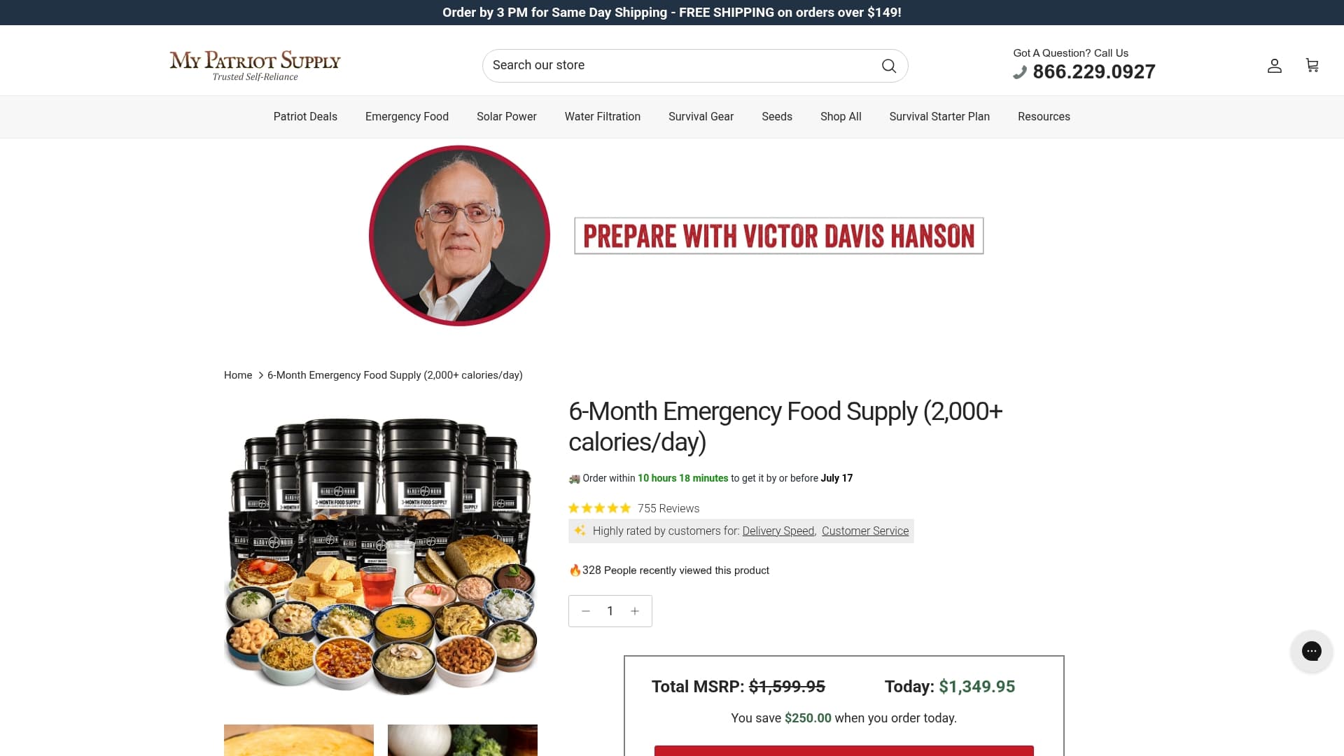 My Patriot Supply sponsor landing page advertised on The Victor Davis Hanson Show on Spotify