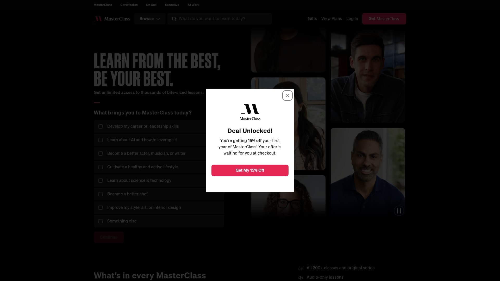 MasterClass sponsor landing page advertised on The Mindset Mentor