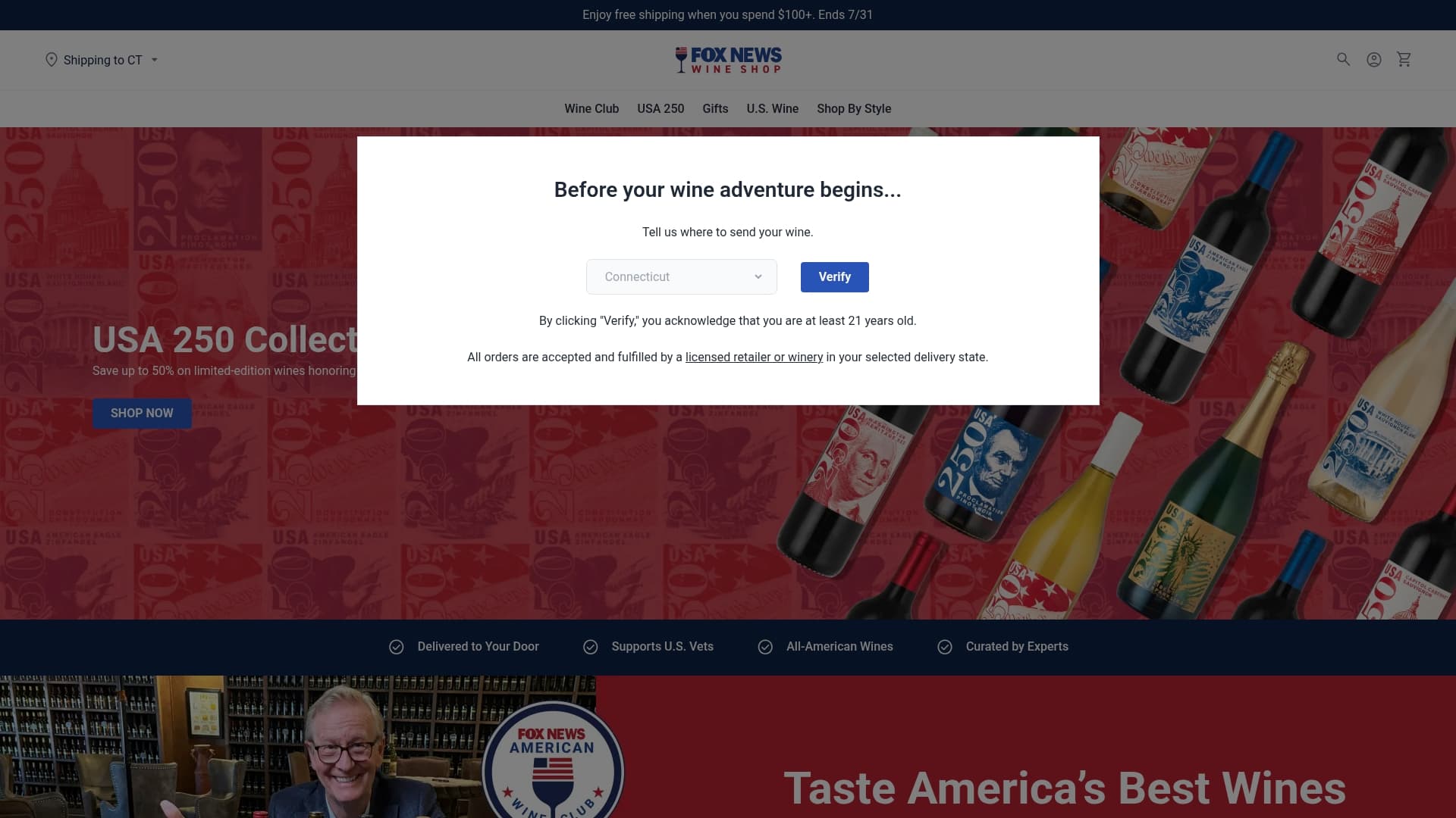 Fox News Wine Shop sponsor landing page advertised on Fox News Hourly Update