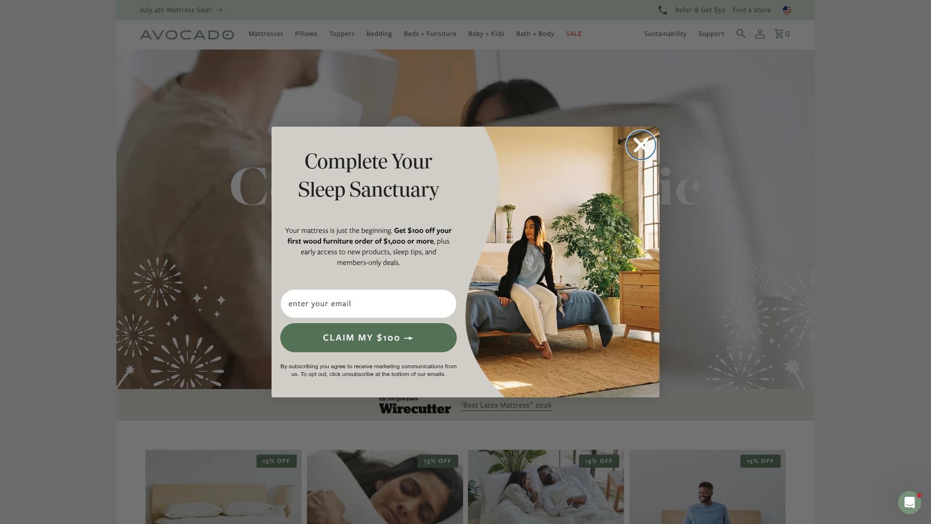 Avocado Green Mattress sponsor landing page advertised on The Jon Stewart Podcast