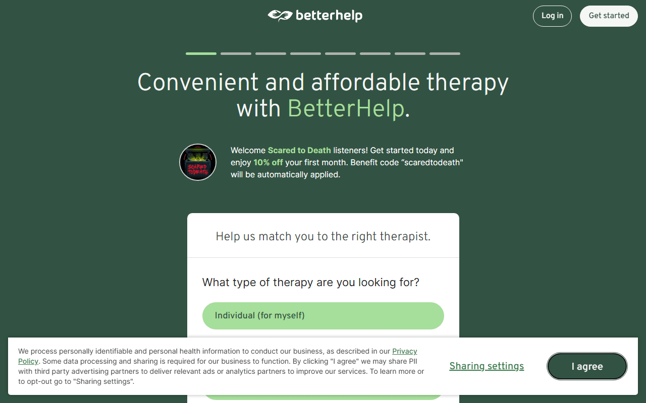 BetterHelp sponsor landing page advertised on Scared To Death