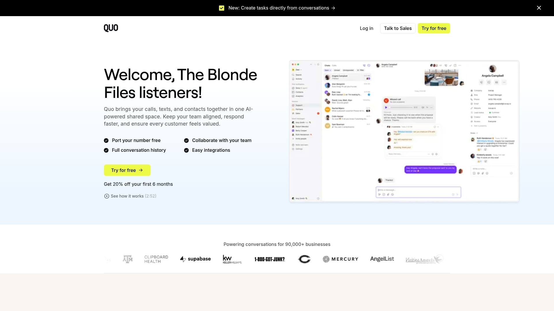 Quo sponsor landing page advertised on The Blonde Files Podcast