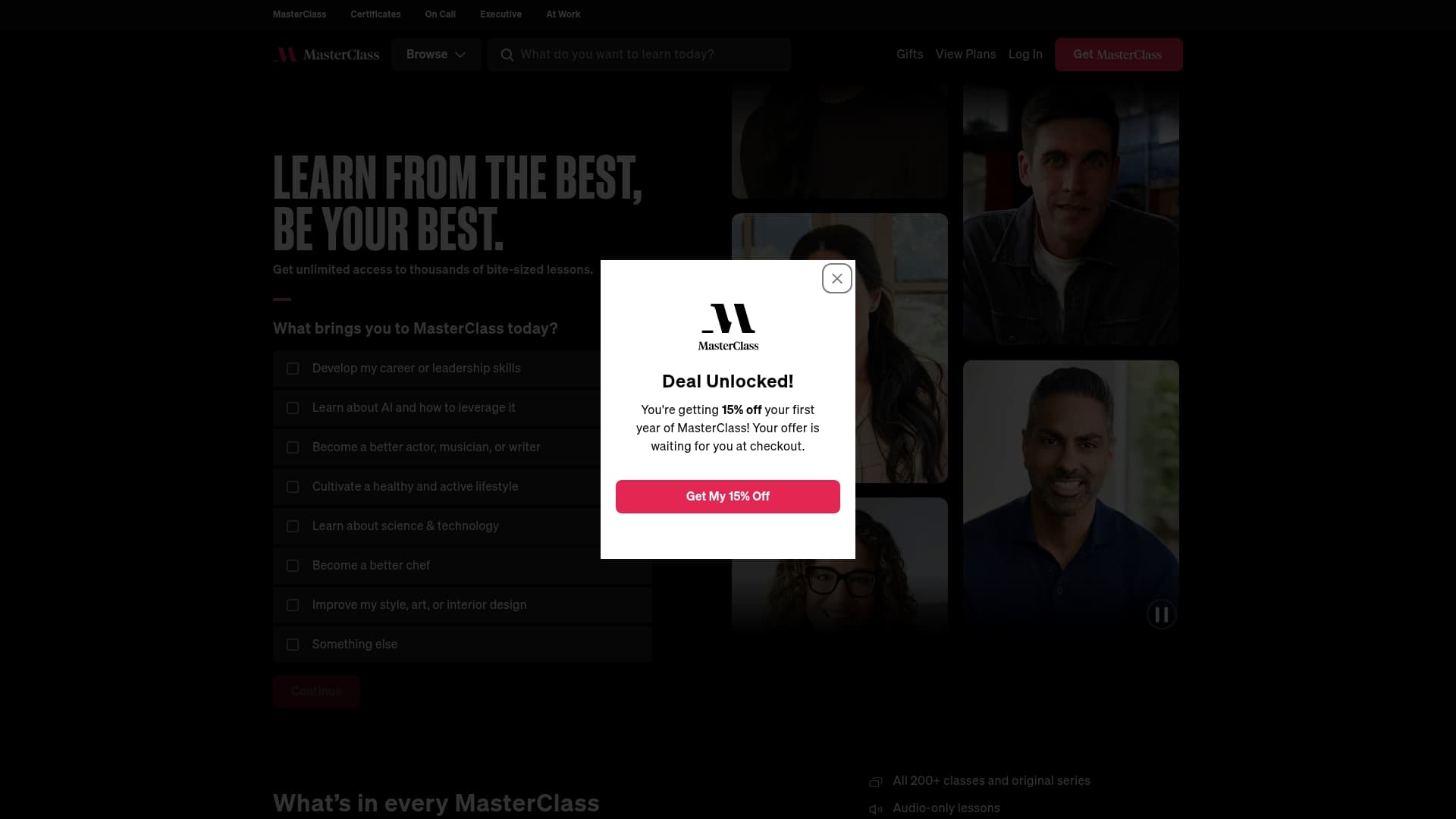 MasterClass sponsor landing page advertised on All the Hacks with Chris Hutchins
