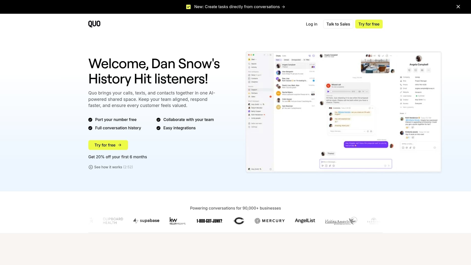Quo sponsor landing page advertised on Dan Snow's History Hit