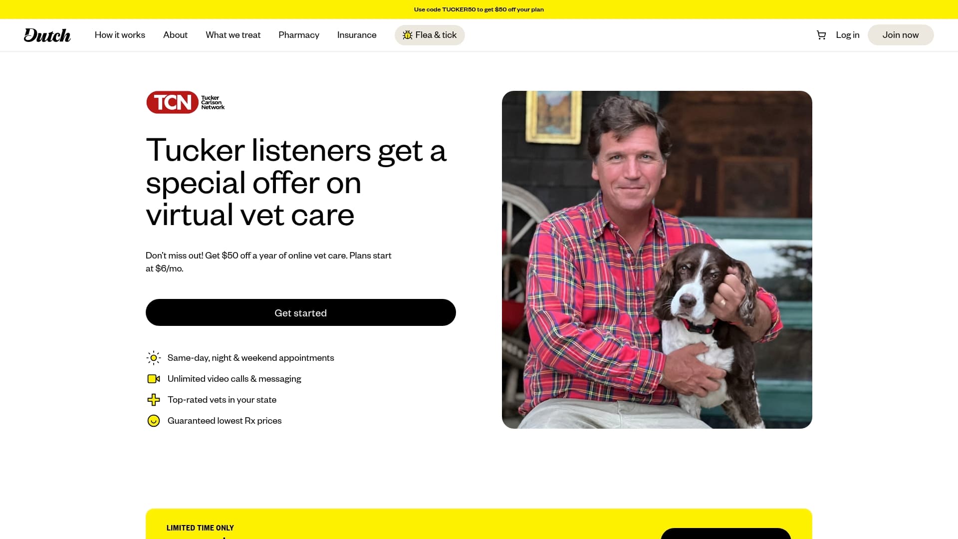 Dutch Pet sponsor landing page advertised on The Tucker Carlson Podcast