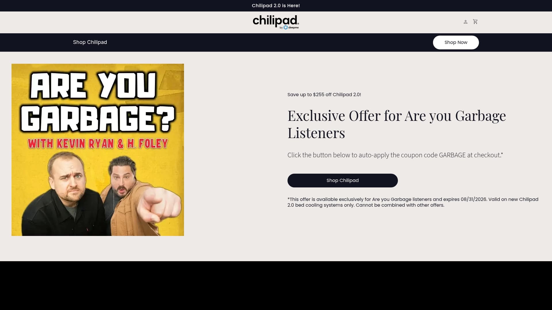 SleepMe sponsor landing page advertised on Are You Garbage? Comedy Podcast