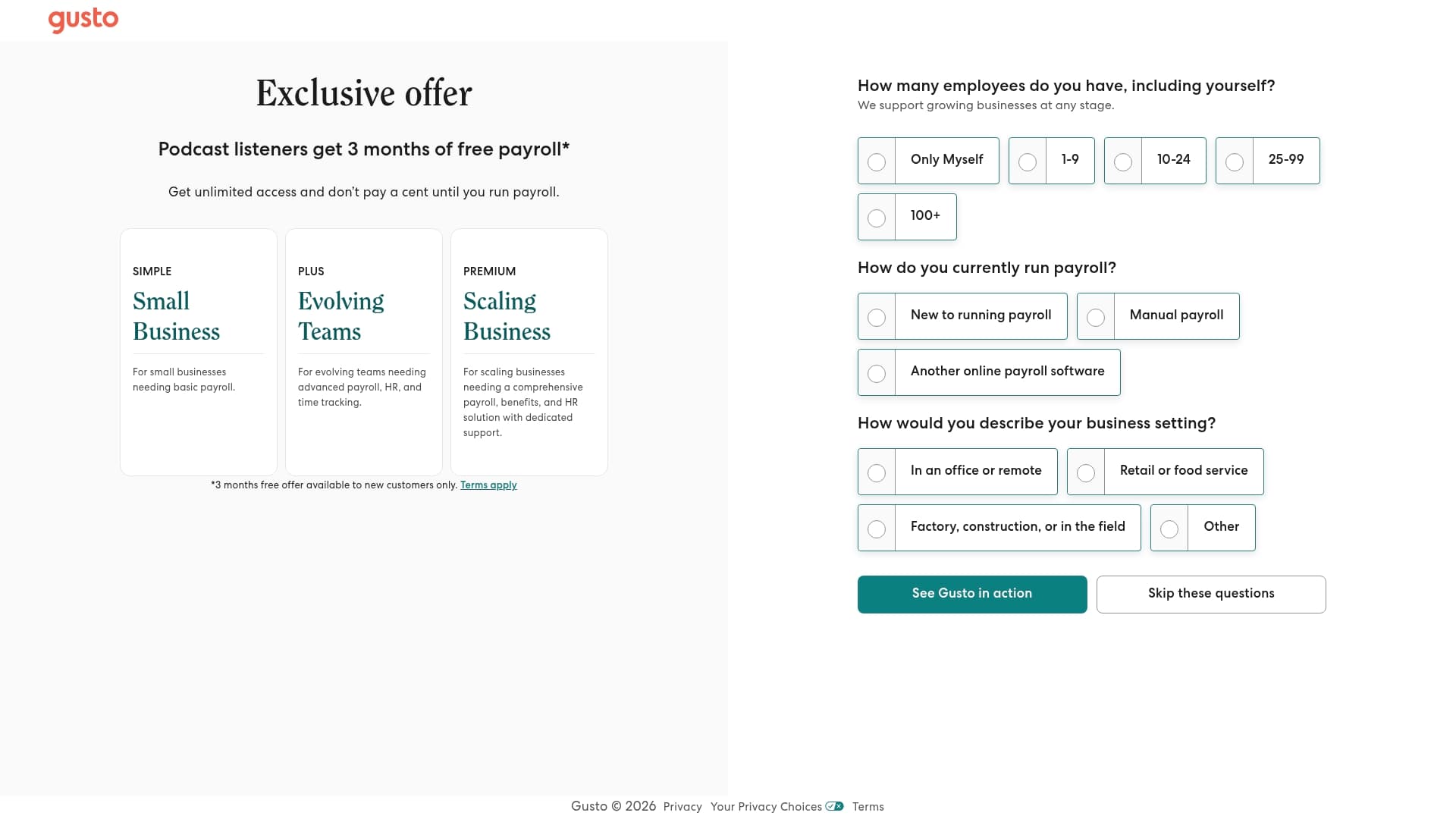 Gusto sponsor landing page advertised on Shawn Ryan Show