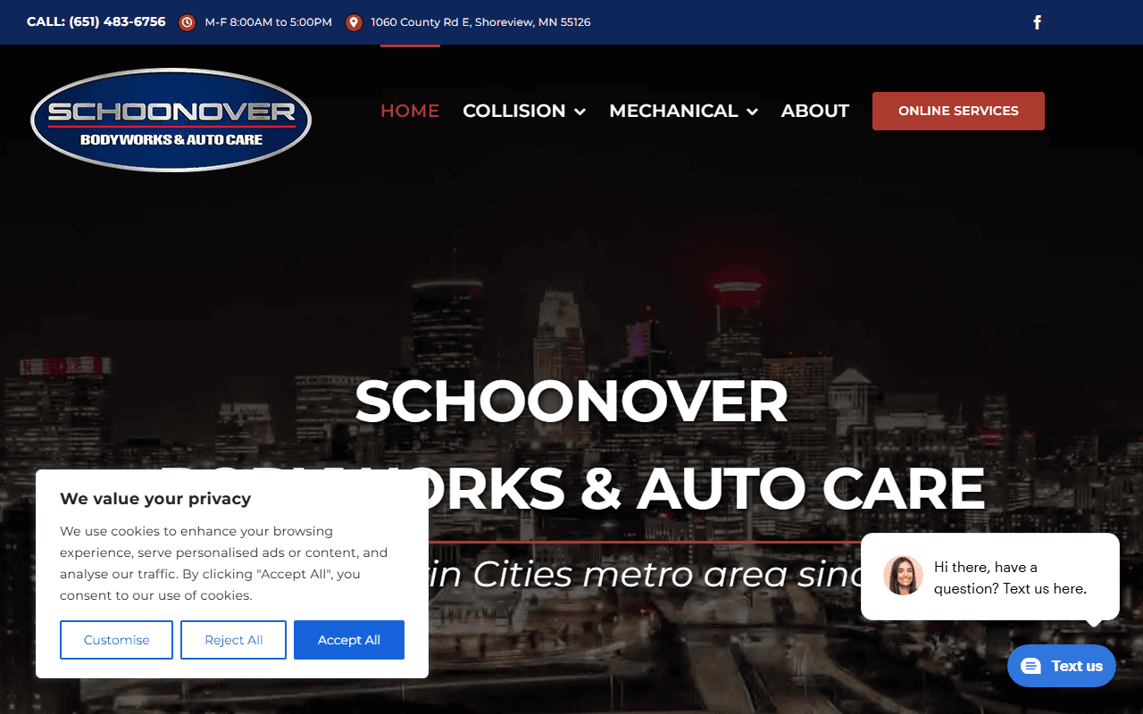 Schoonover Body Works and Auto Care sponsor landing page advertised on Garage Logic