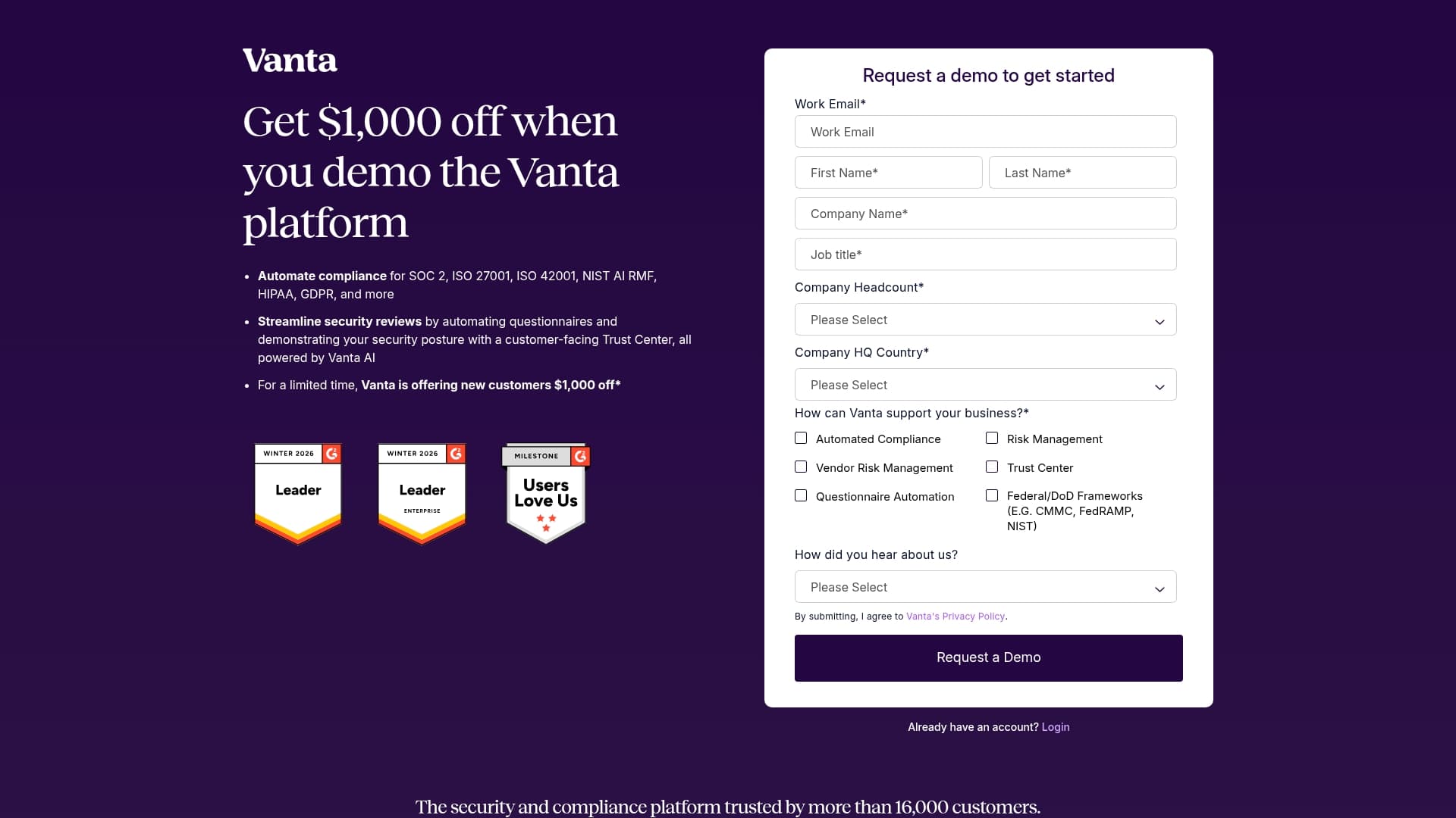 Vanta sponsor landing page advertised on The Twenty Minute VC (20VC): Venture Capital | Startup Funding | The Pitch