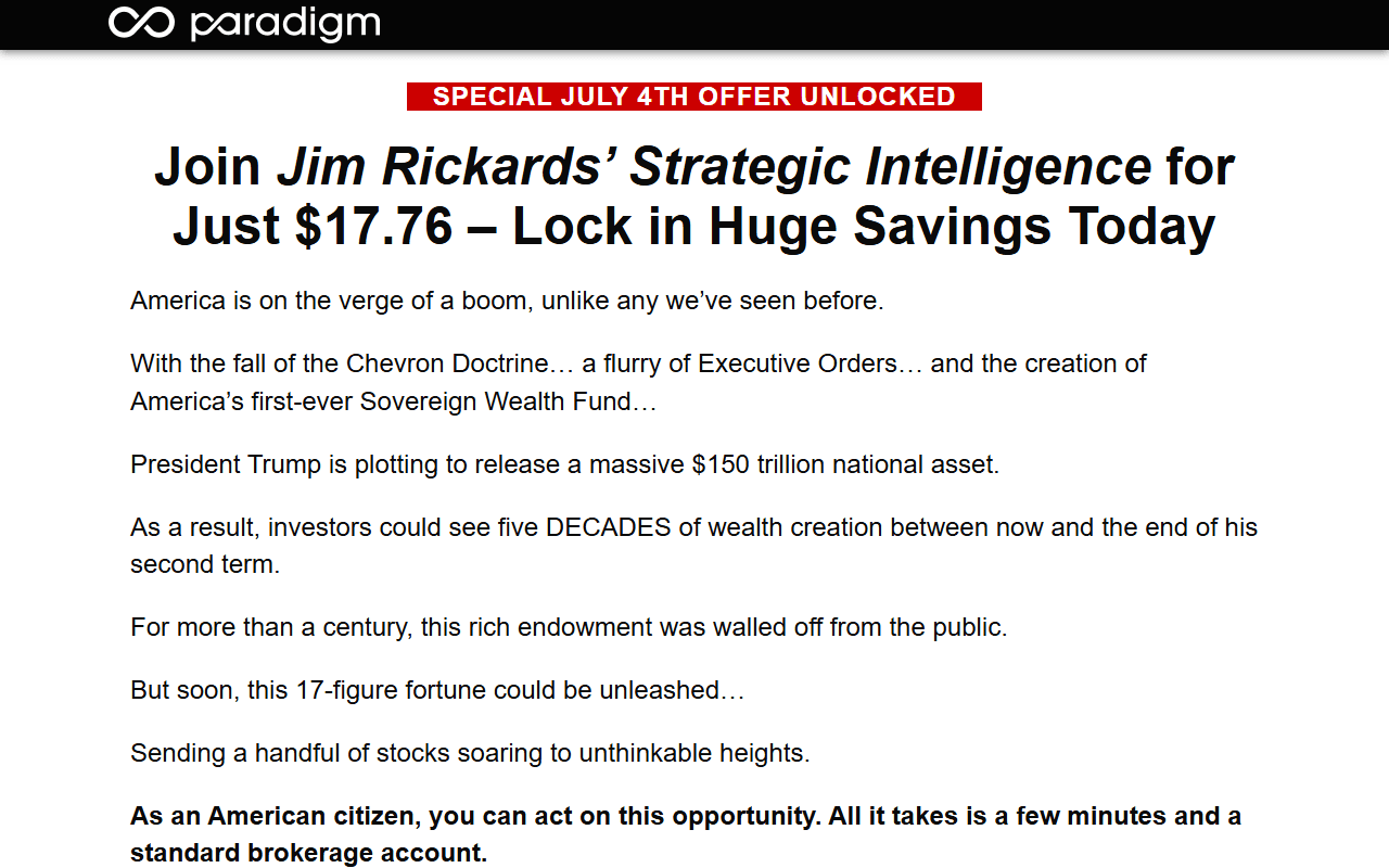 Rickards Strategic Intelligence sponsor landing page advertised on Bannon`s War Room