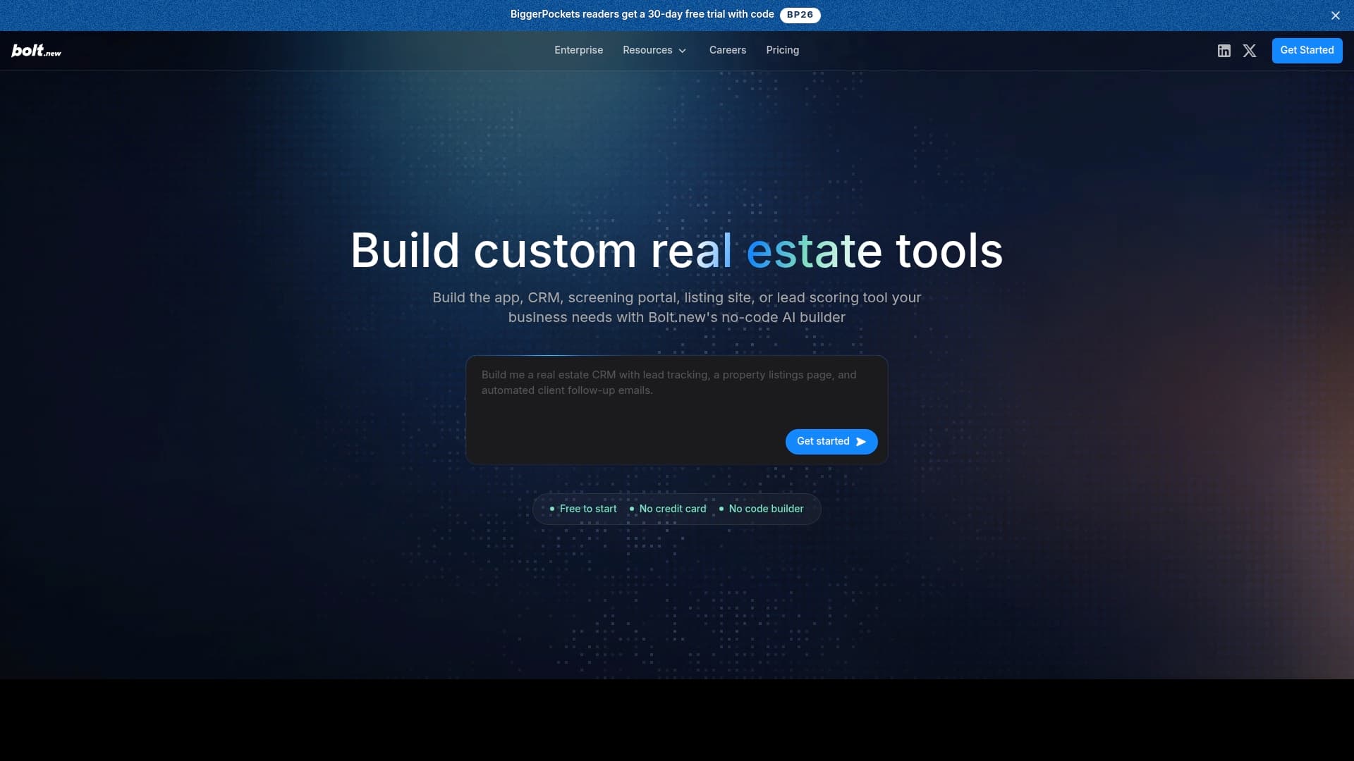 bolt.new sponsor landing page advertised on BiggerPockets Real Estate Podcast