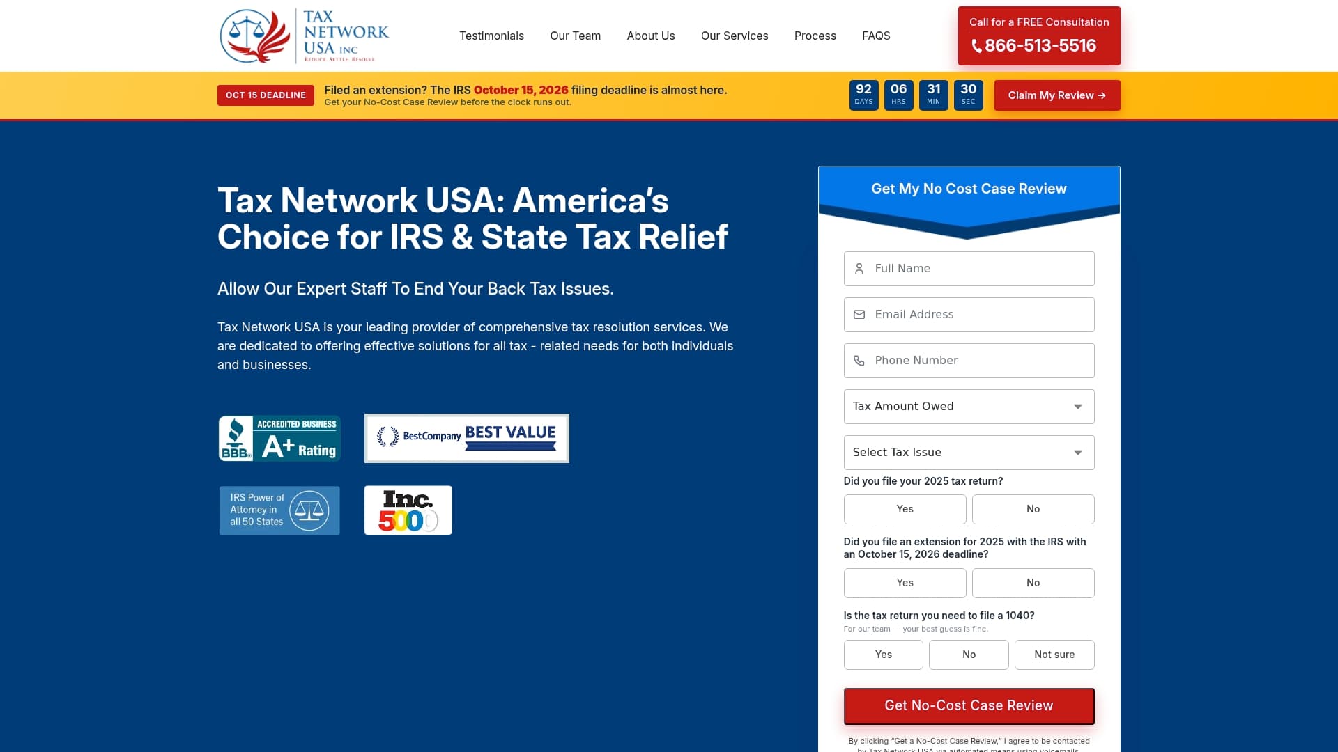Tax Network USA sponsor landing page advertised on Bannon`s War Room