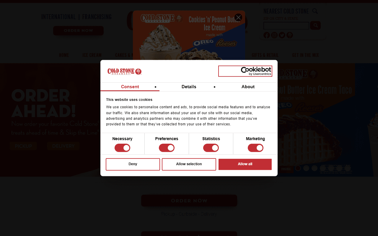Cold Stone Creamery sponsor landing page advertised on The Yak