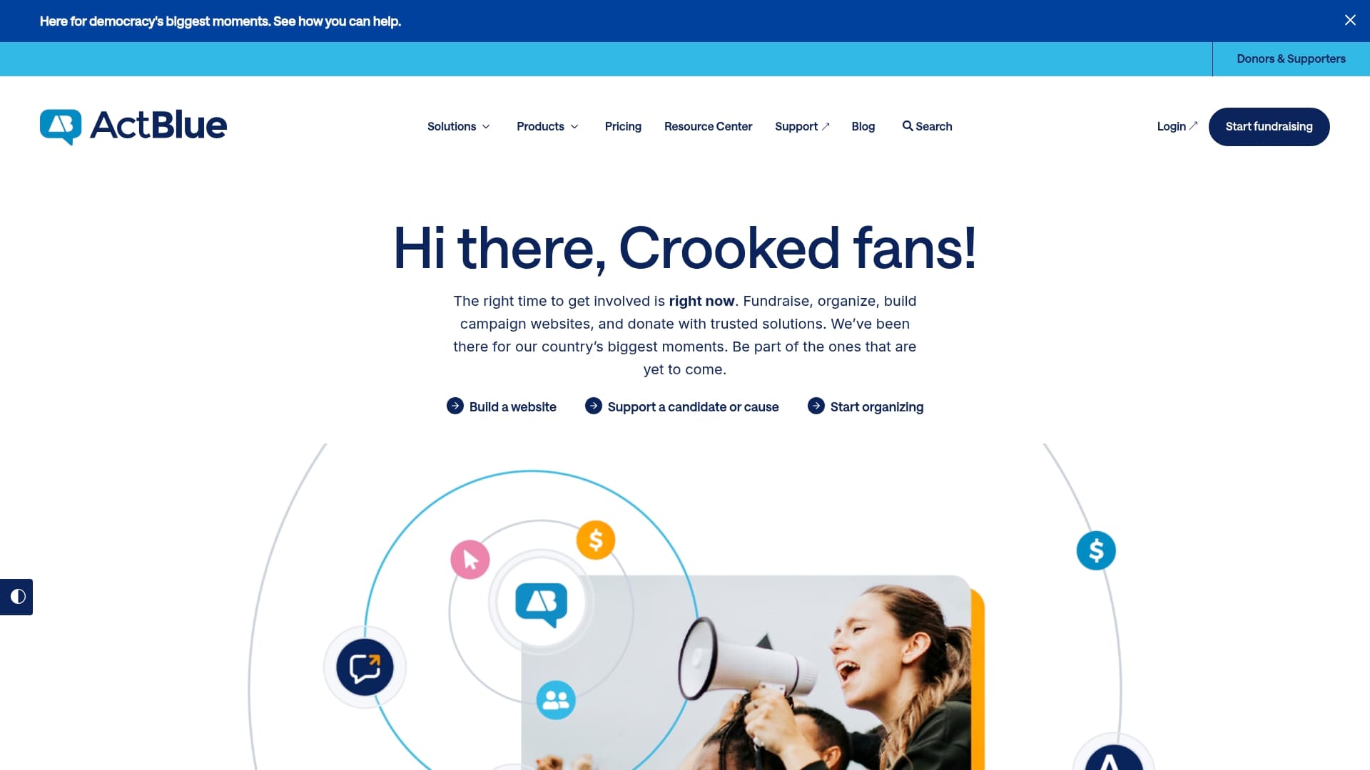 ActBlue sponsor landing page advertised on The Wilderness