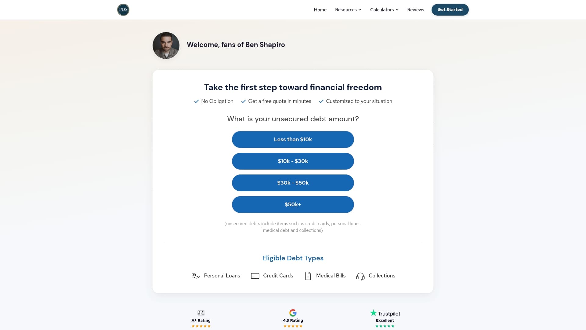PDS Debt sponsor landing page advertised on The Ben Shapiro Show